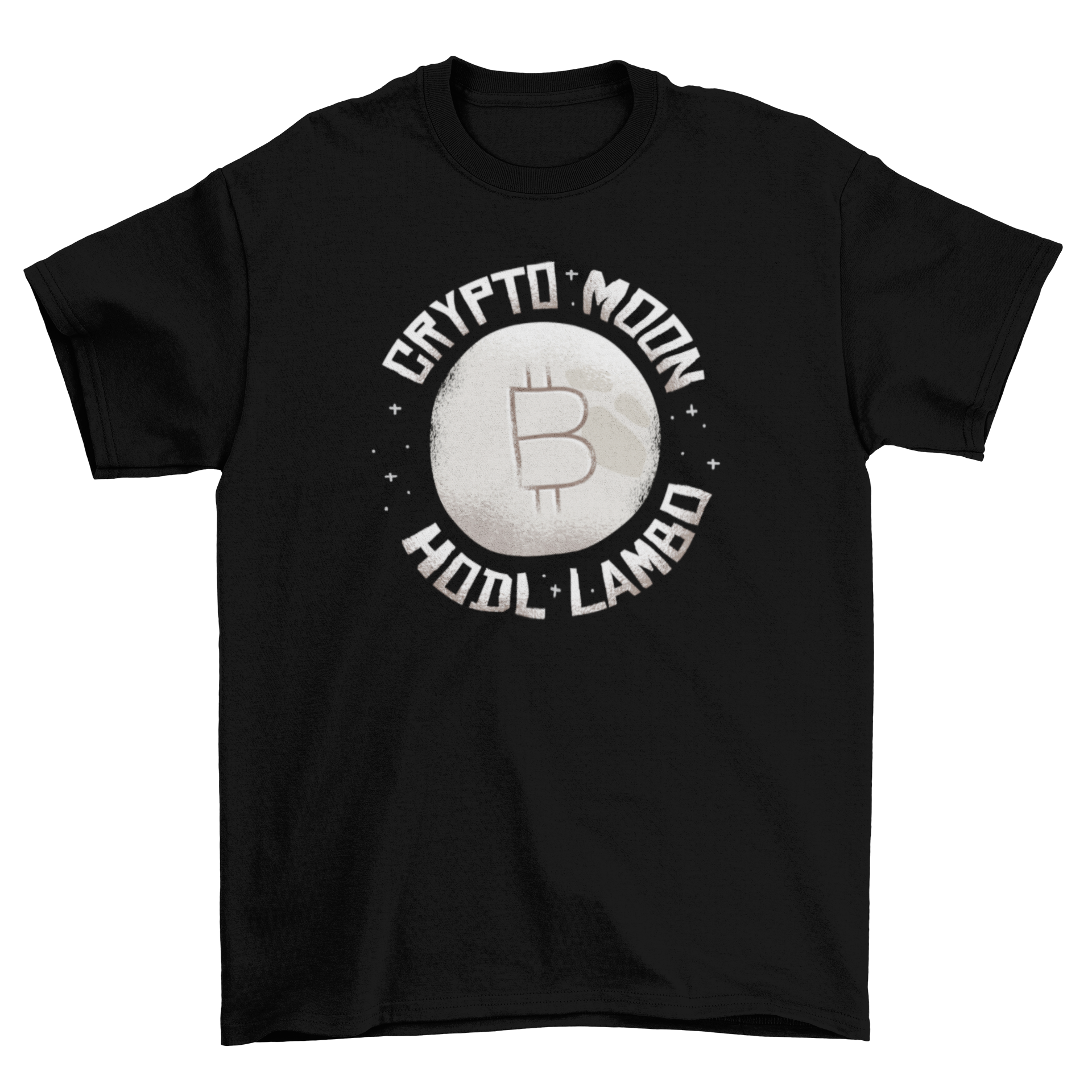 Crypto Moon T-Shirt featuring a moon and Bitcoin logo with 'HODL Lambo' caption on a starry background.