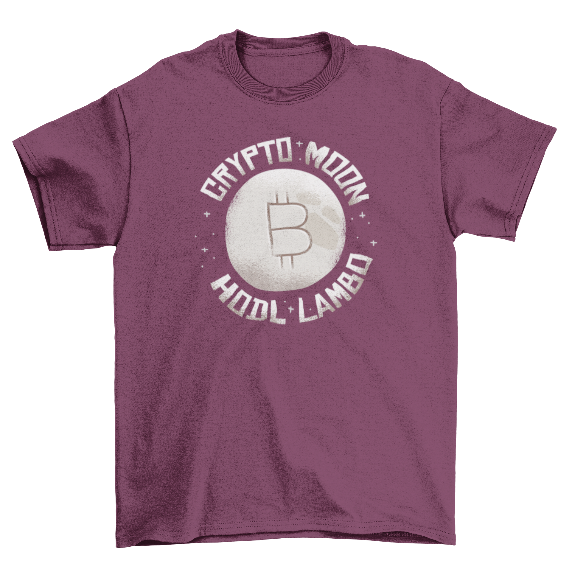 Crypto Moon T-Shirt featuring a moon and Bitcoin logo with 'HODL Lambo' caption on a starry background.