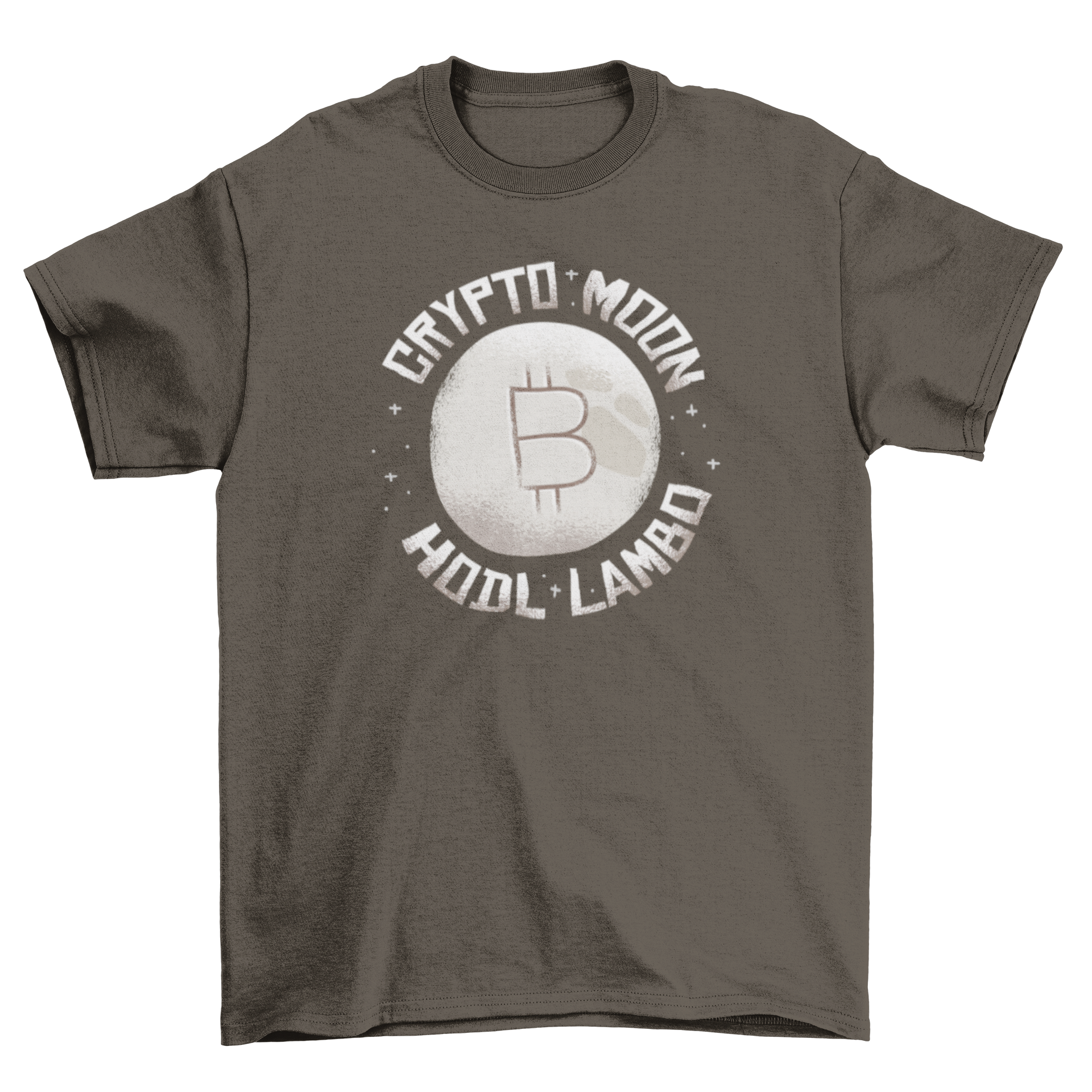 Crypto Moon T-Shirt featuring a moon and Bitcoin logo with 'HODL Lambo' caption on a starry background.