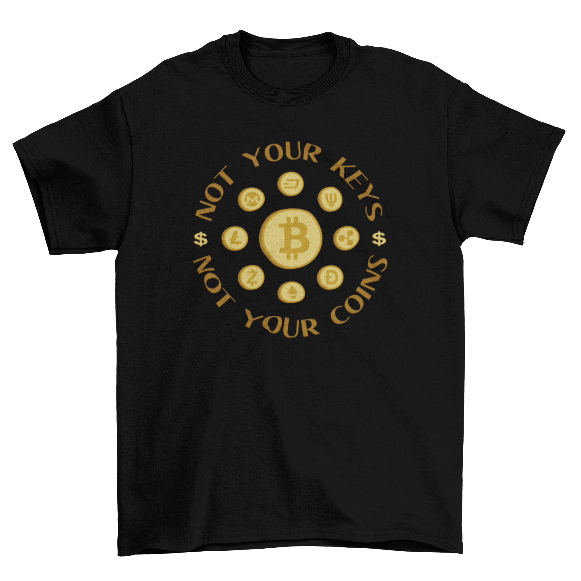 A stylish t-shirt featuring various cryptocurrency symbols and the quote 'Not your keys, not your coins'.