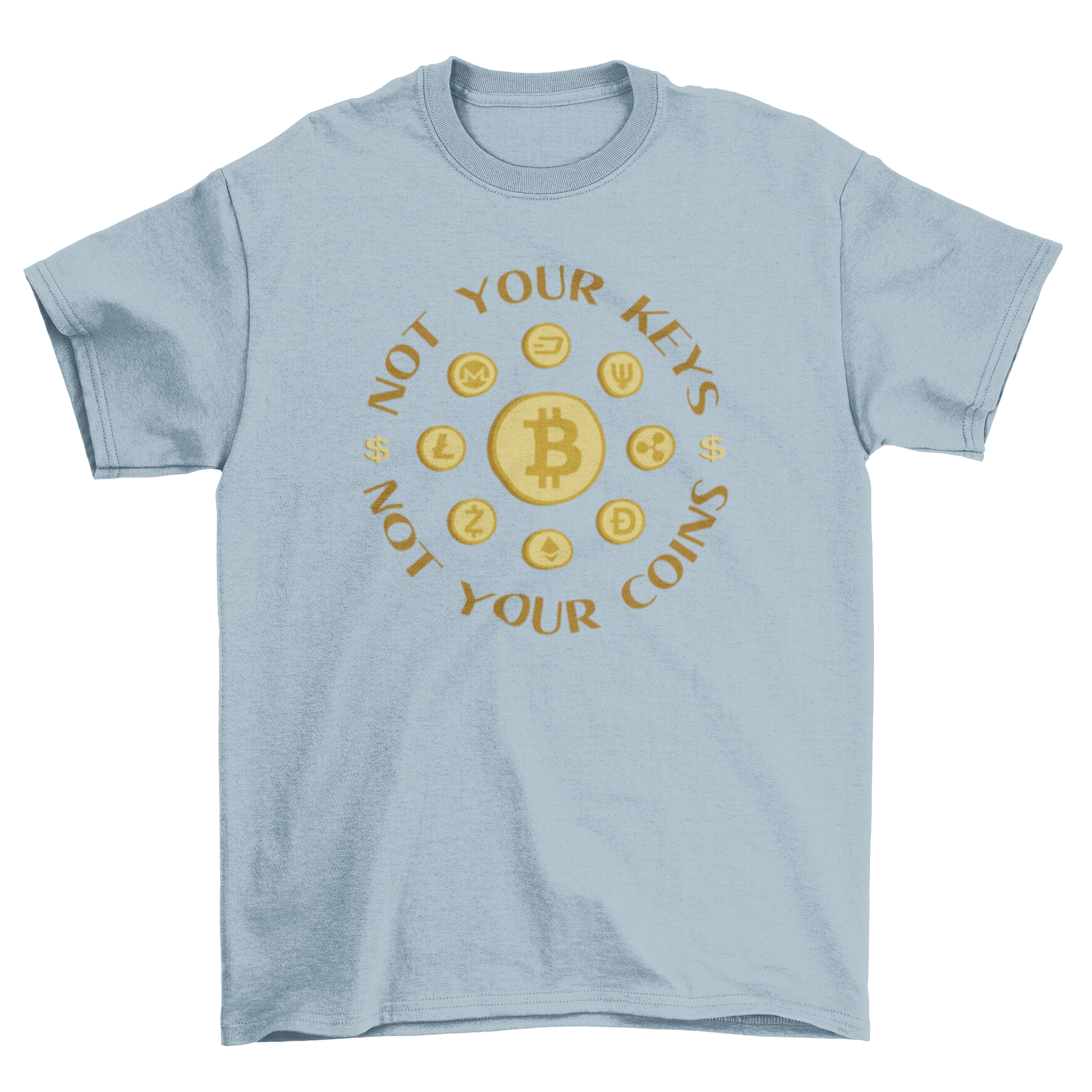 A stylish t-shirt featuring various cryptocurrency symbols and the quote 'Not your keys, not your coins'.