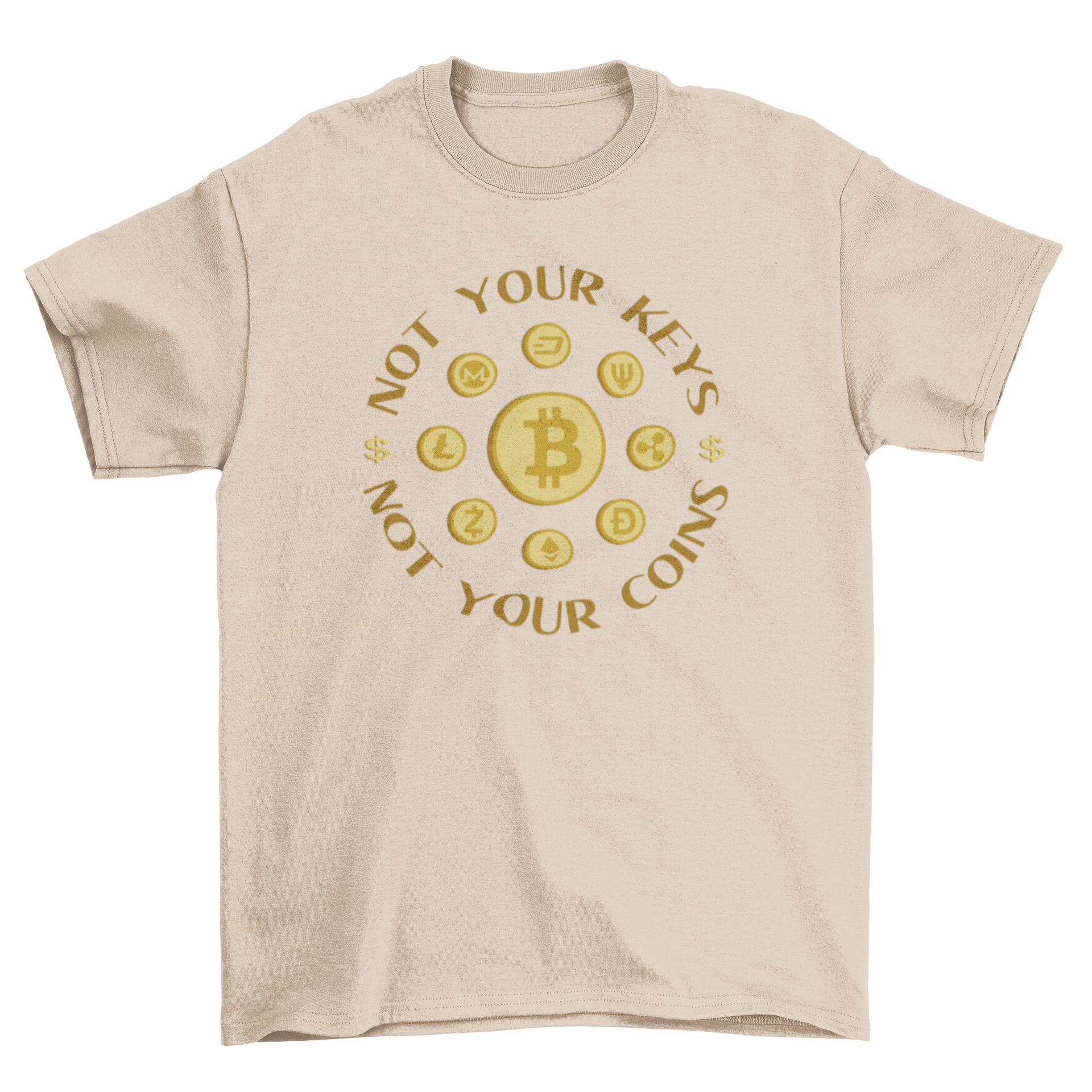 A stylish t-shirt featuring various cryptocurrency symbols and the quote 'Not your keys, not your coins'.