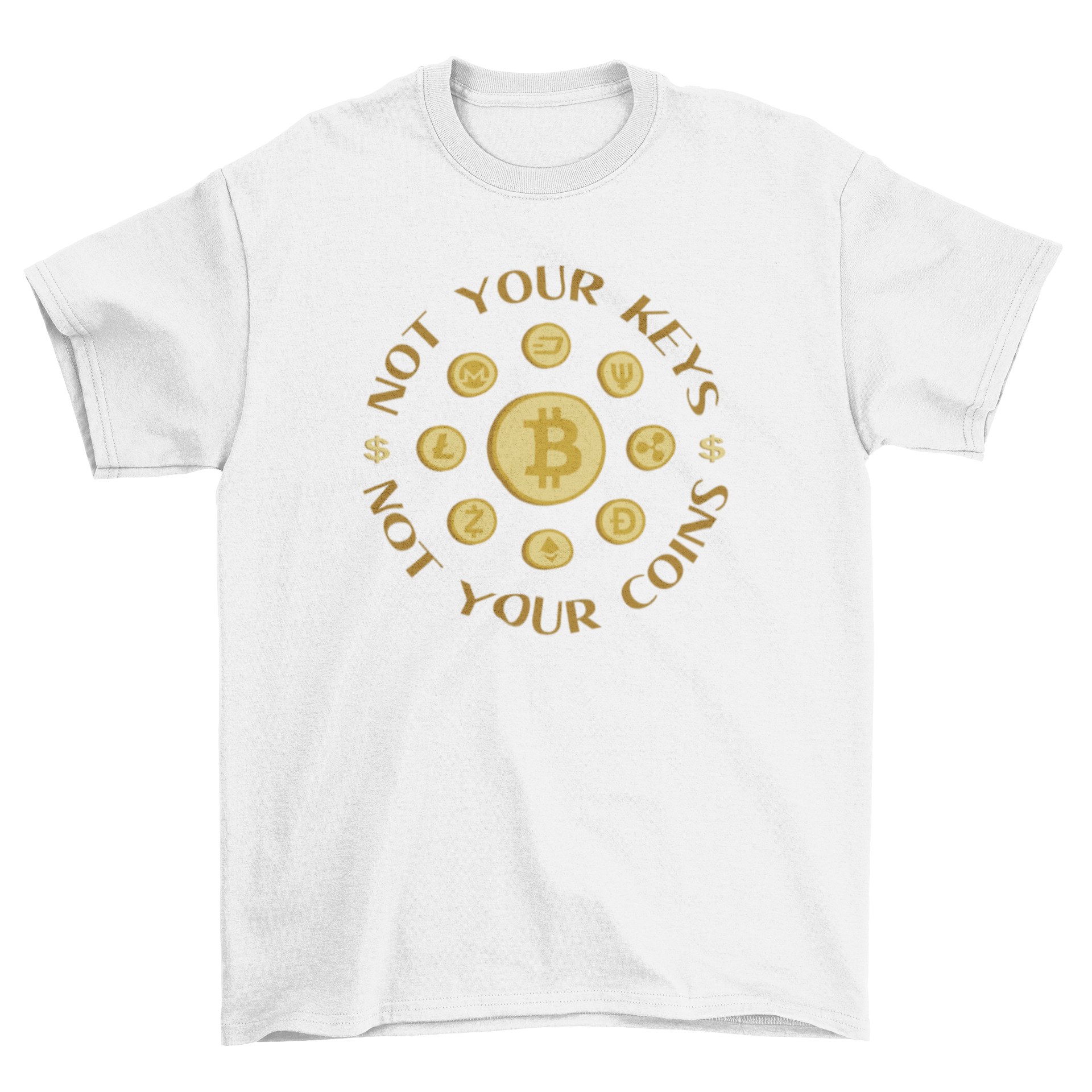 A stylish t-shirt featuring various cryptocurrency symbols and the quote 'Not your keys, not your coins'.