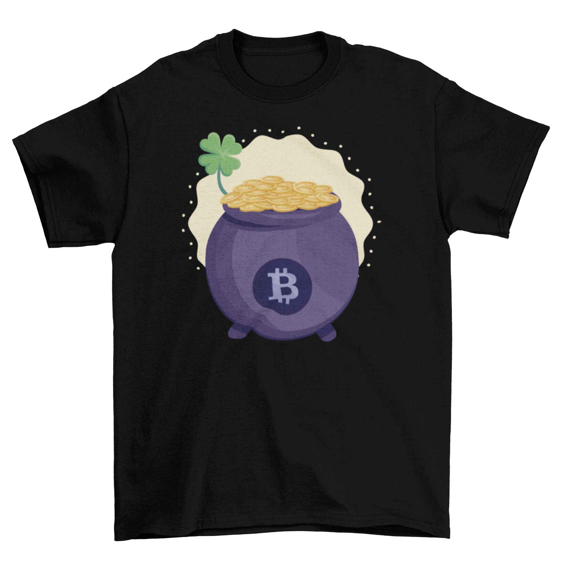 A vibrant St. Patrick's Day t-shirt featuring a unique crypto-themed design with festive symbols.