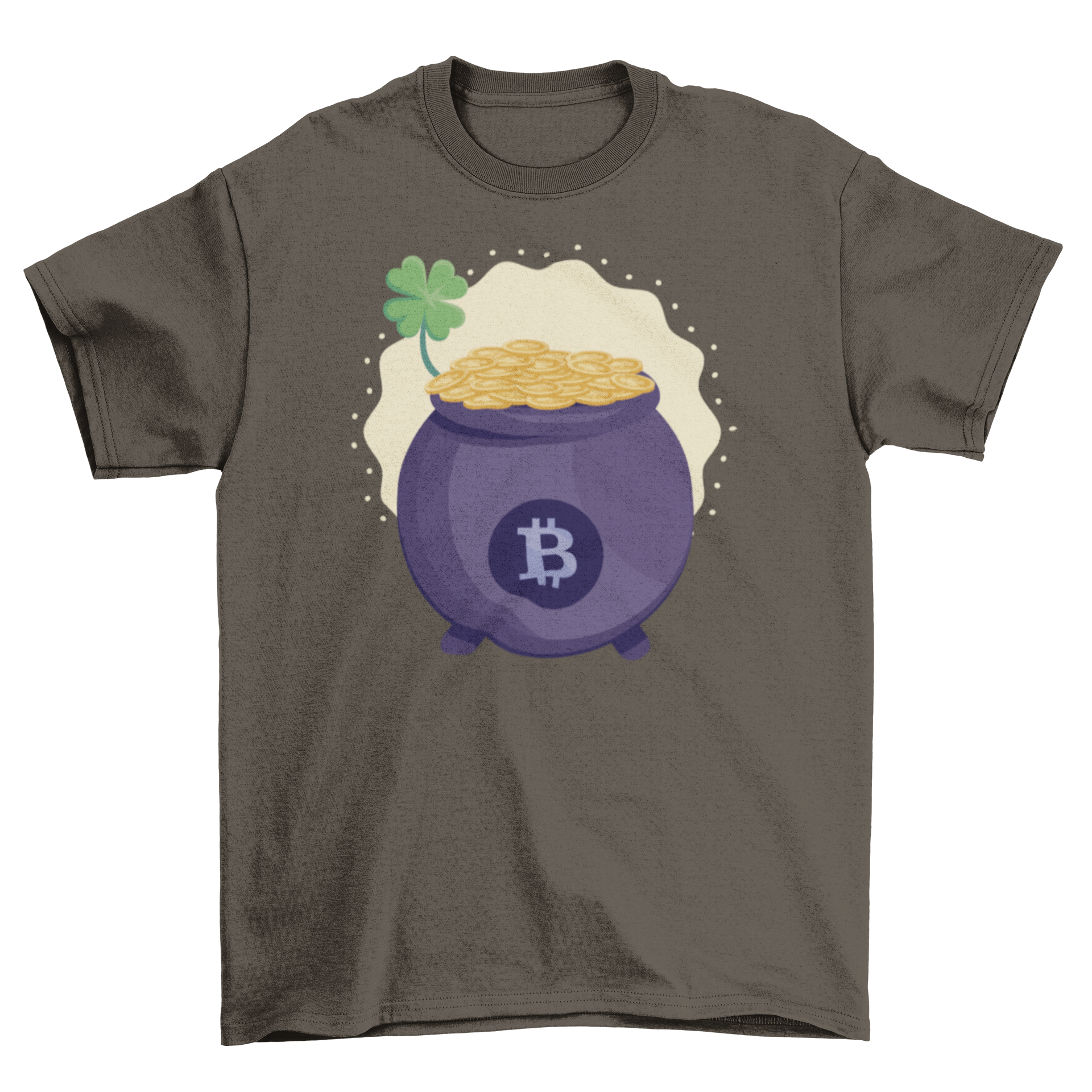 A vibrant St. Patrick's Day t-shirt featuring a unique crypto-themed design with festive symbols.