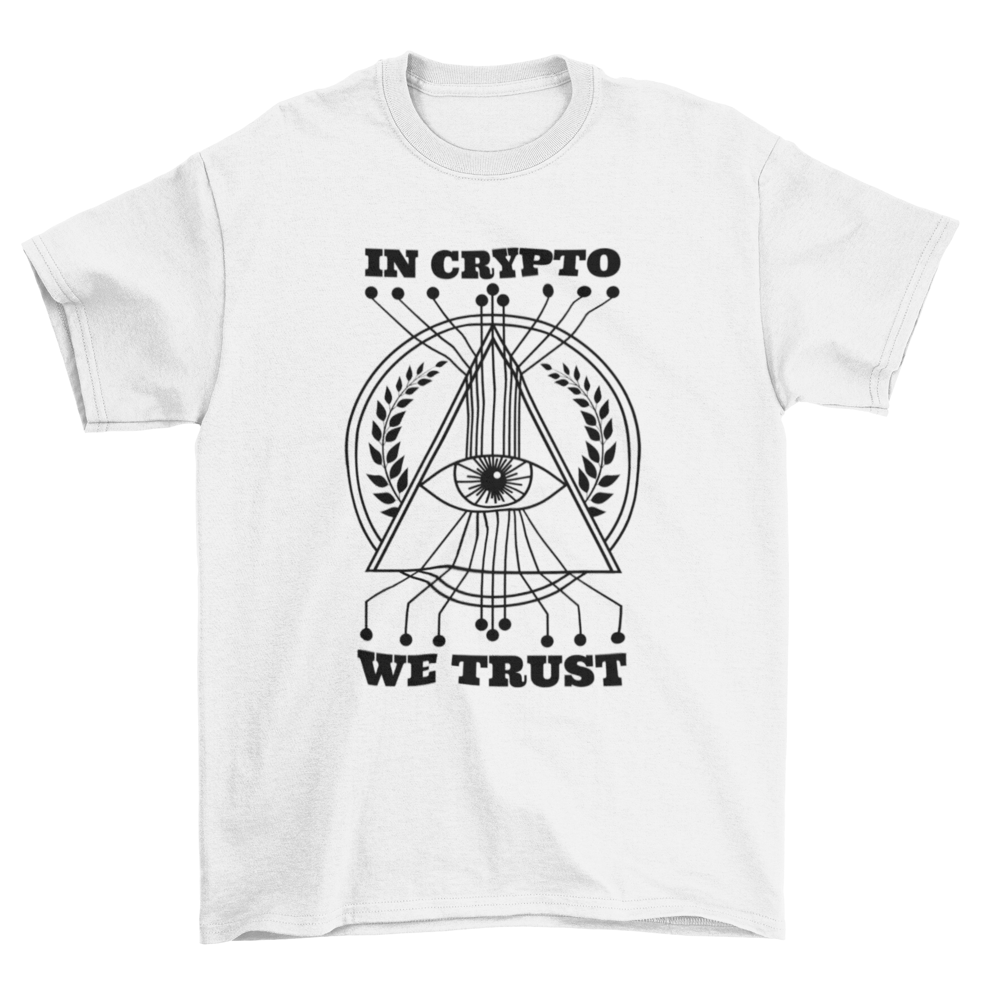 Crypto Trust T-shirt featuring Eye of Providence and digital lines, with 'In Crypto We Trust' text.