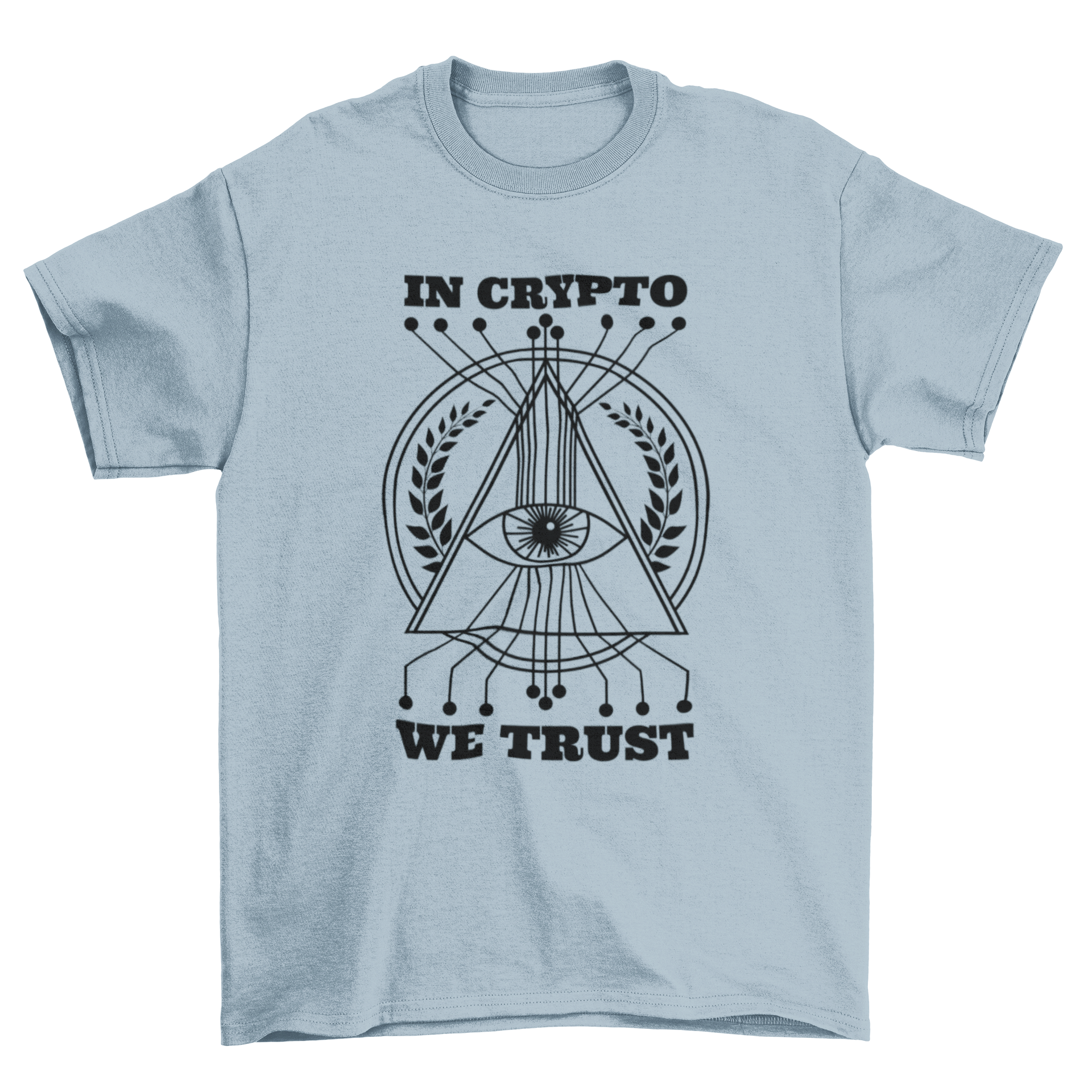 Crypto Trust T-shirt featuring Eye of Providence and digital lines, with 'In Crypto We Trust' text.