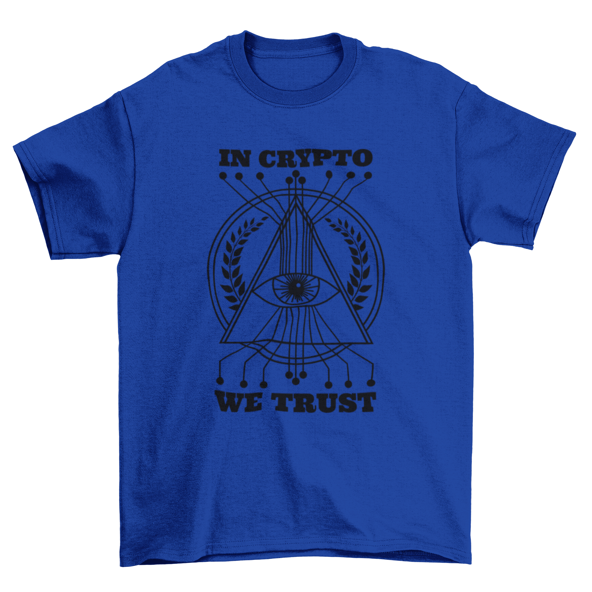 Crypto Trust T-shirt featuring Eye of Providence and digital lines, with 'In Crypto We Trust' text.