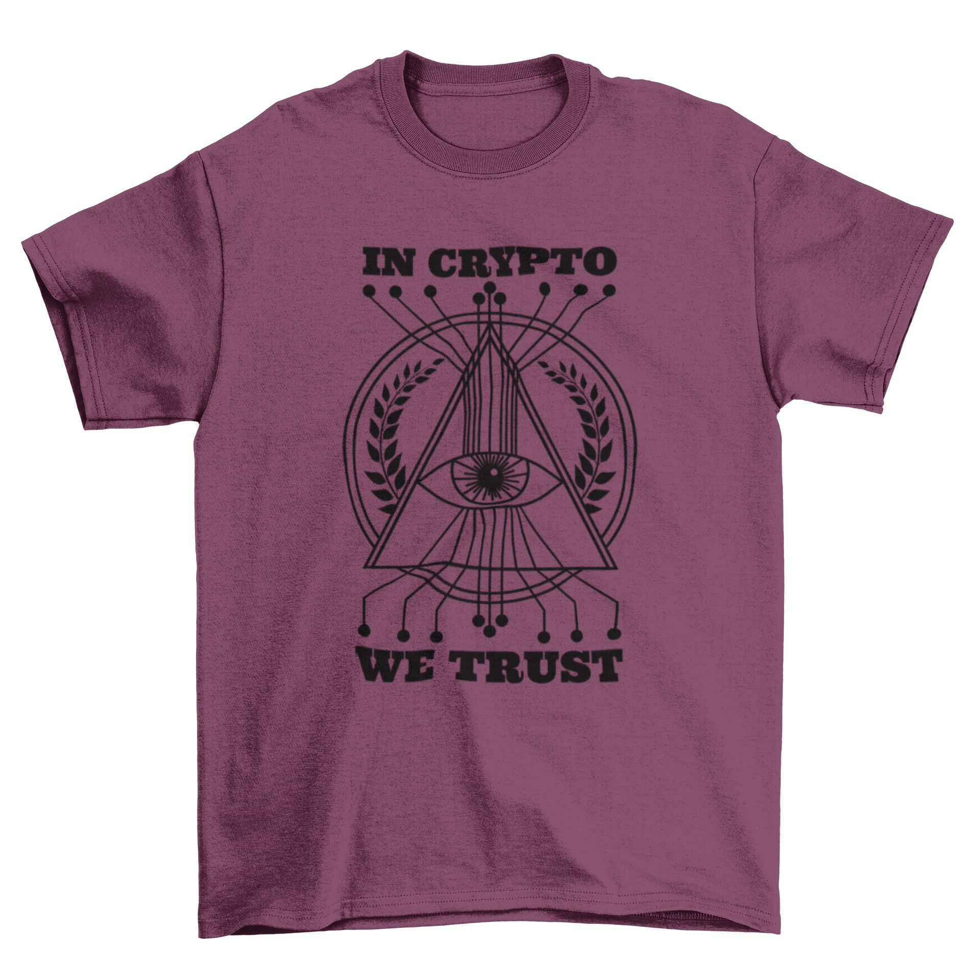 Crypto Trust T-shirt featuring Eye of Providence and digital lines, with 'In Crypto We Trust' text.