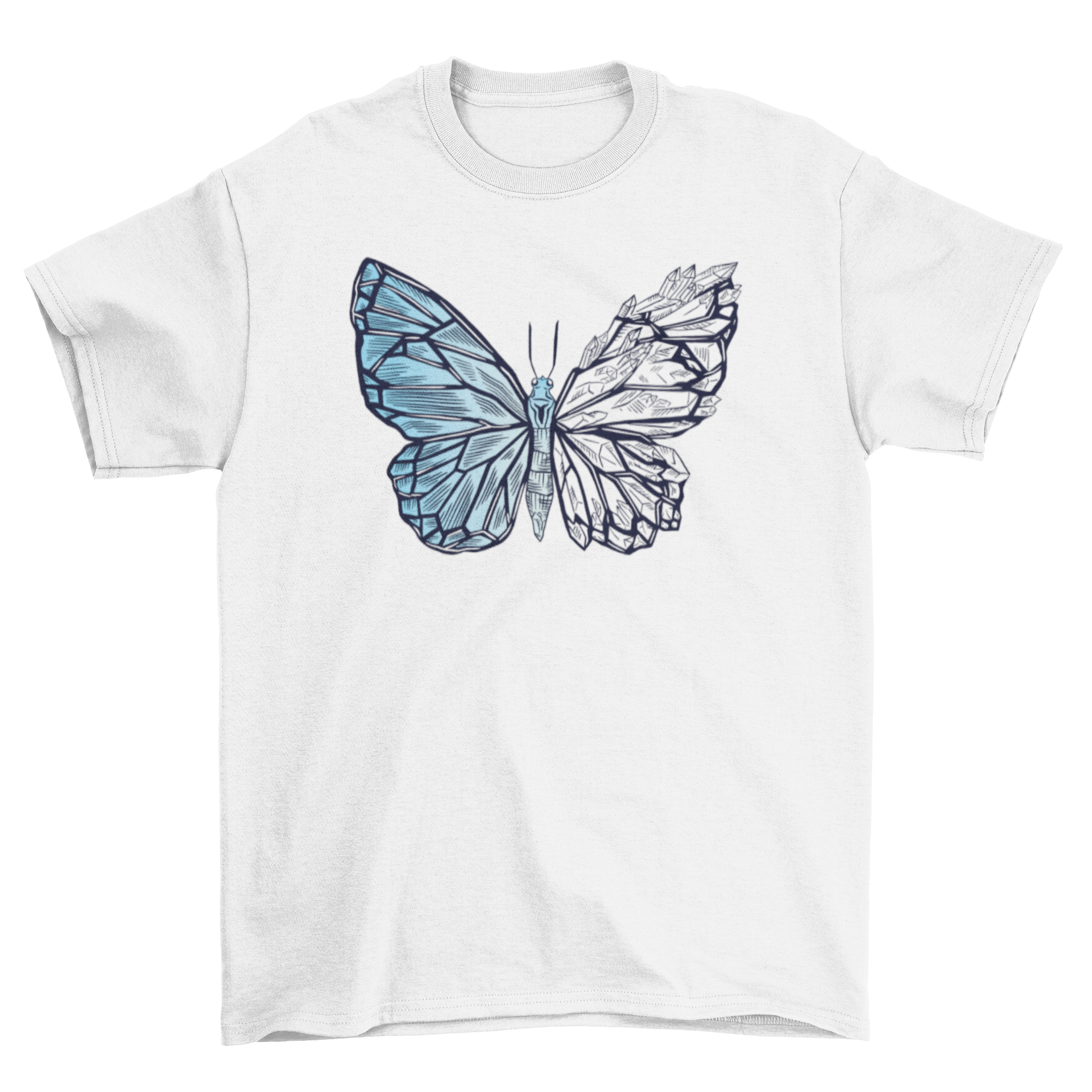 A stylish t-shirt featuring a unique illustration of a butterfly transforming into crystal, showcasing vibrant colors and intricate details.