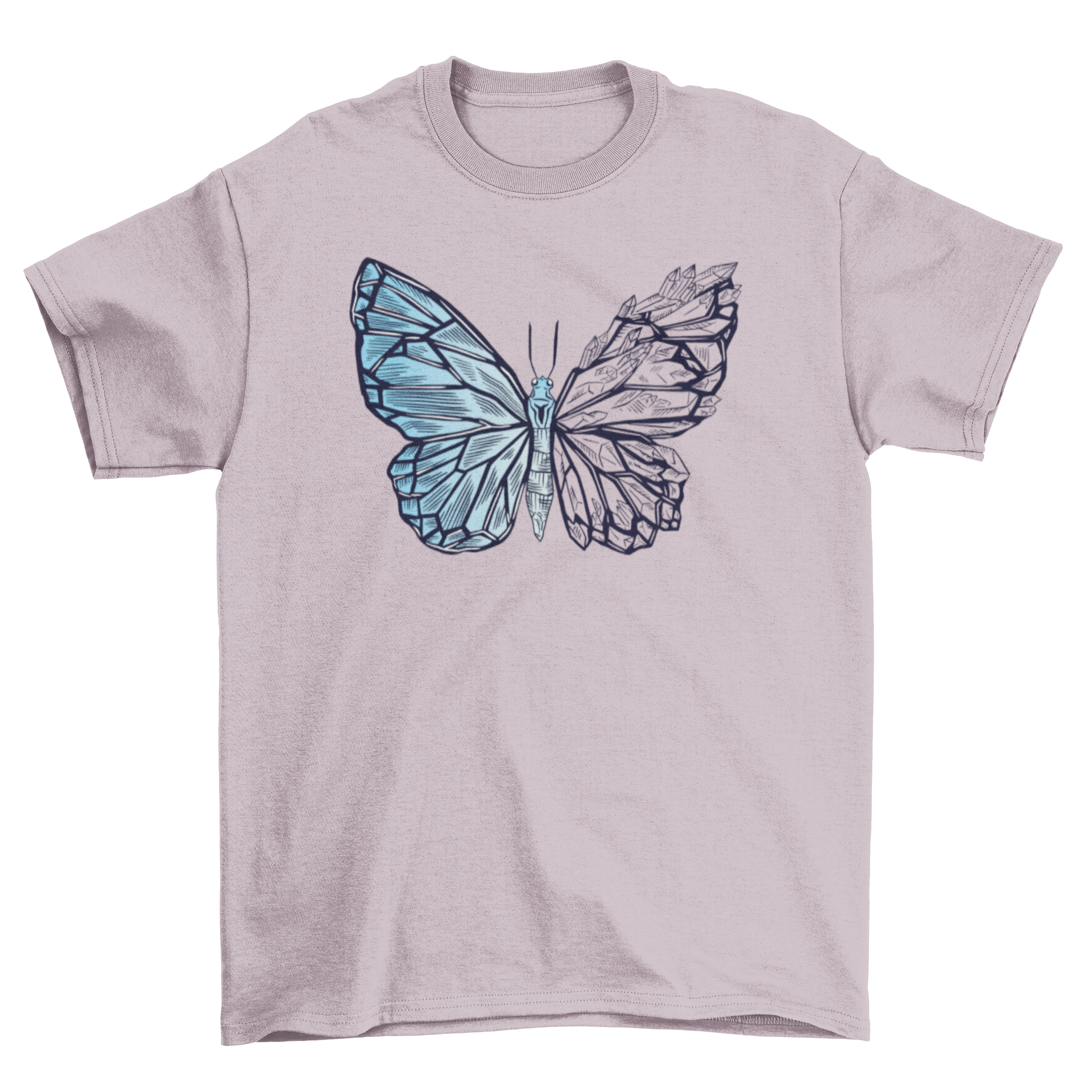 A stylish t-shirt featuring a unique illustration of a butterfly transforming into crystal, showcasing vibrant colors and intricate details.