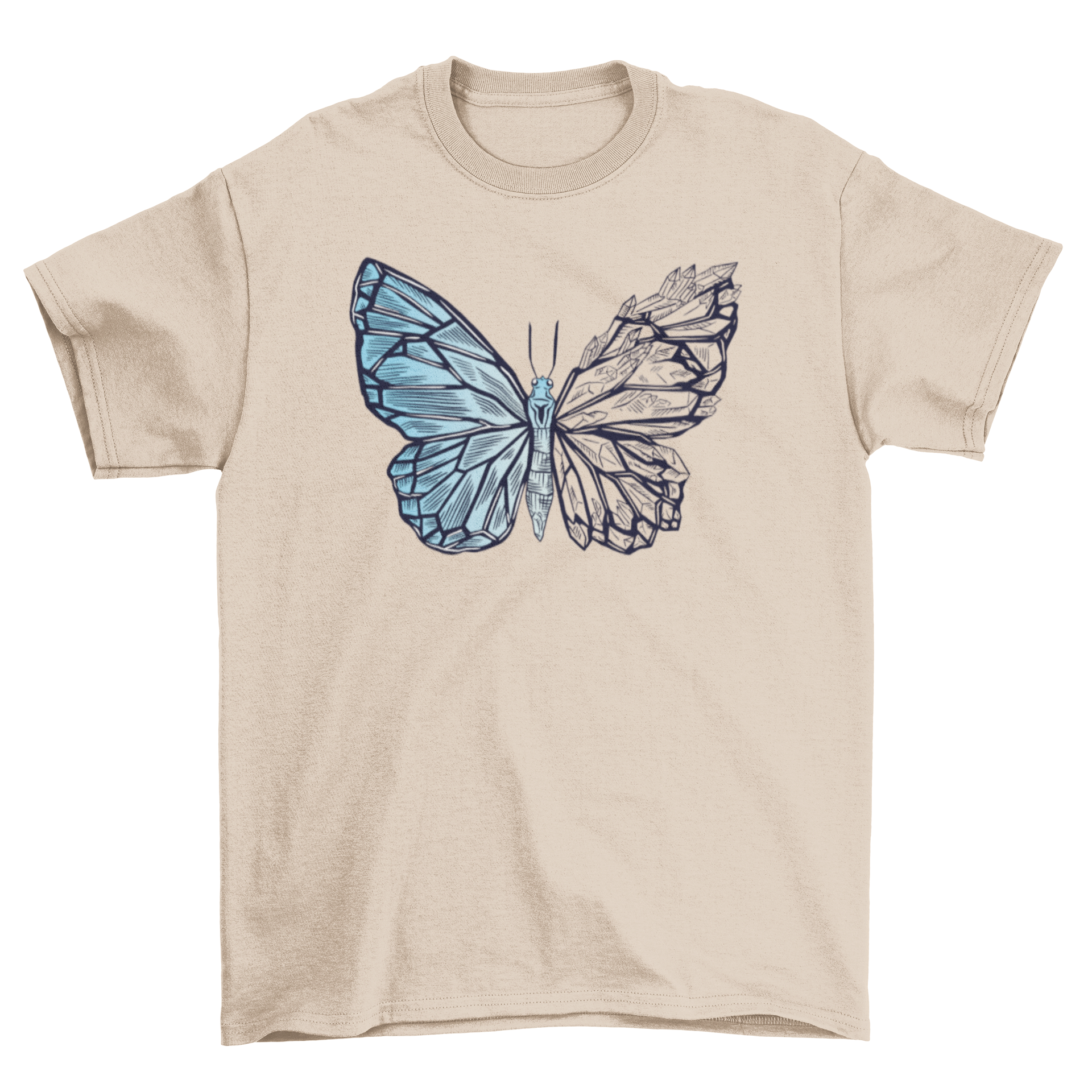 A stylish t-shirt featuring a unique illustration of a butterfly transforming into crystal, showcasing vibrant colors and intricate details.