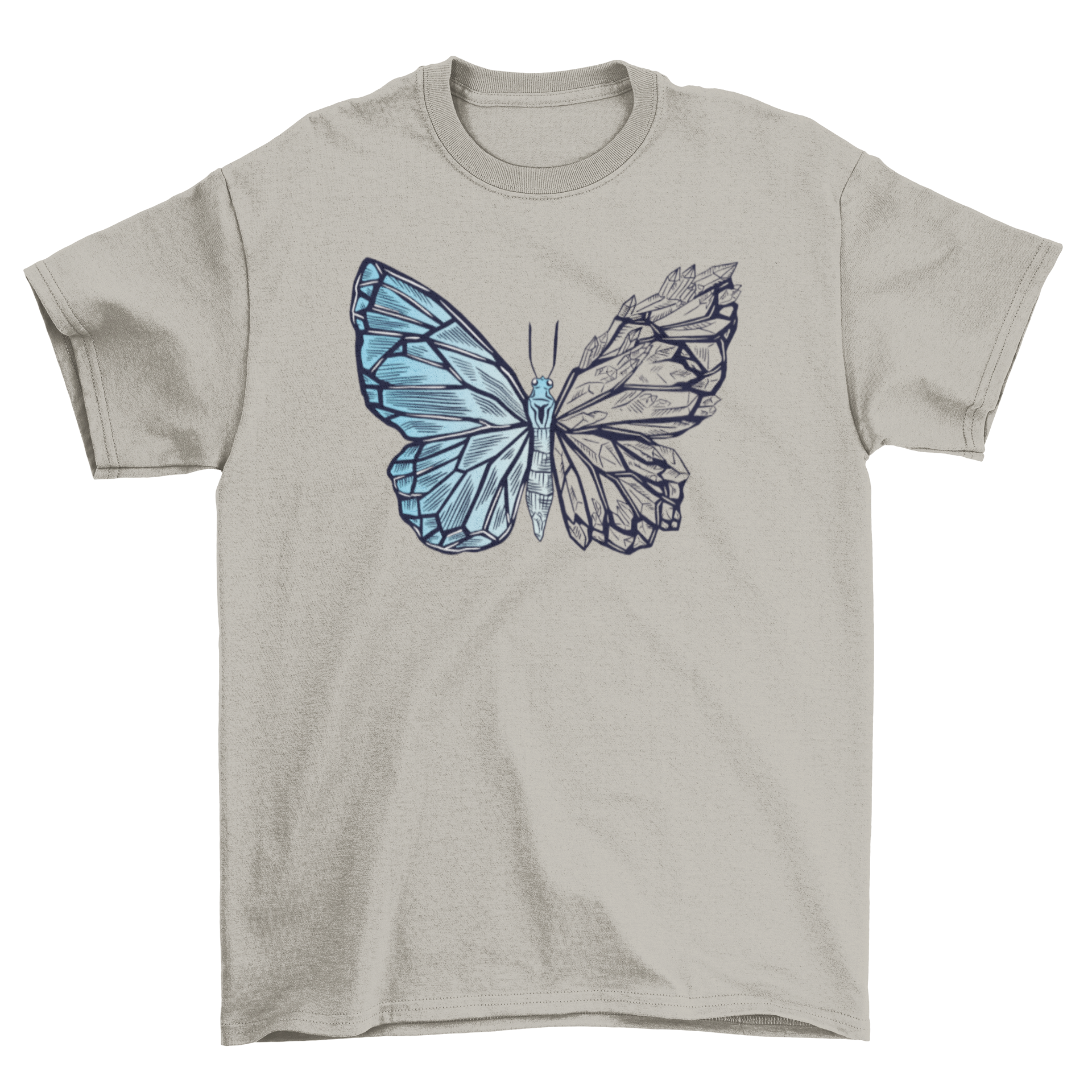 A stylish t-shirt featuring a unique illustration of a butterfly transforming into crystal, showcasing vibrant colors and intricate details.