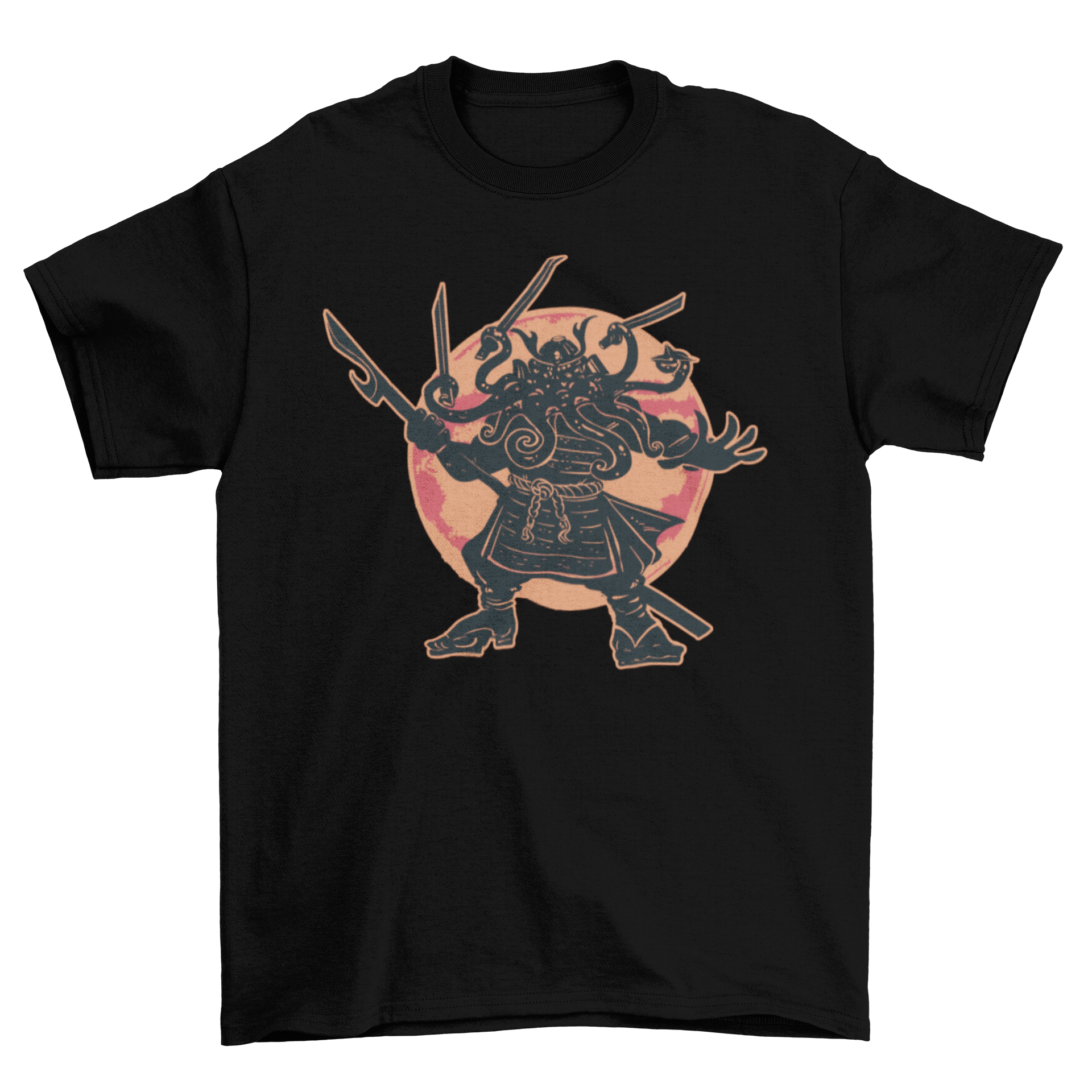 Cthulhu samurai t-shirt featuring a Lovecraftian creature in traditional samurai armor with intricate details.