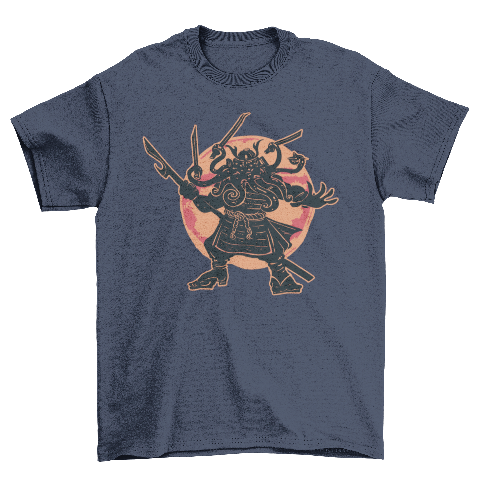 Cthulhu samurai t-shirt featuring a Lovecraftian creature in traditional samurai armor with intricate details.