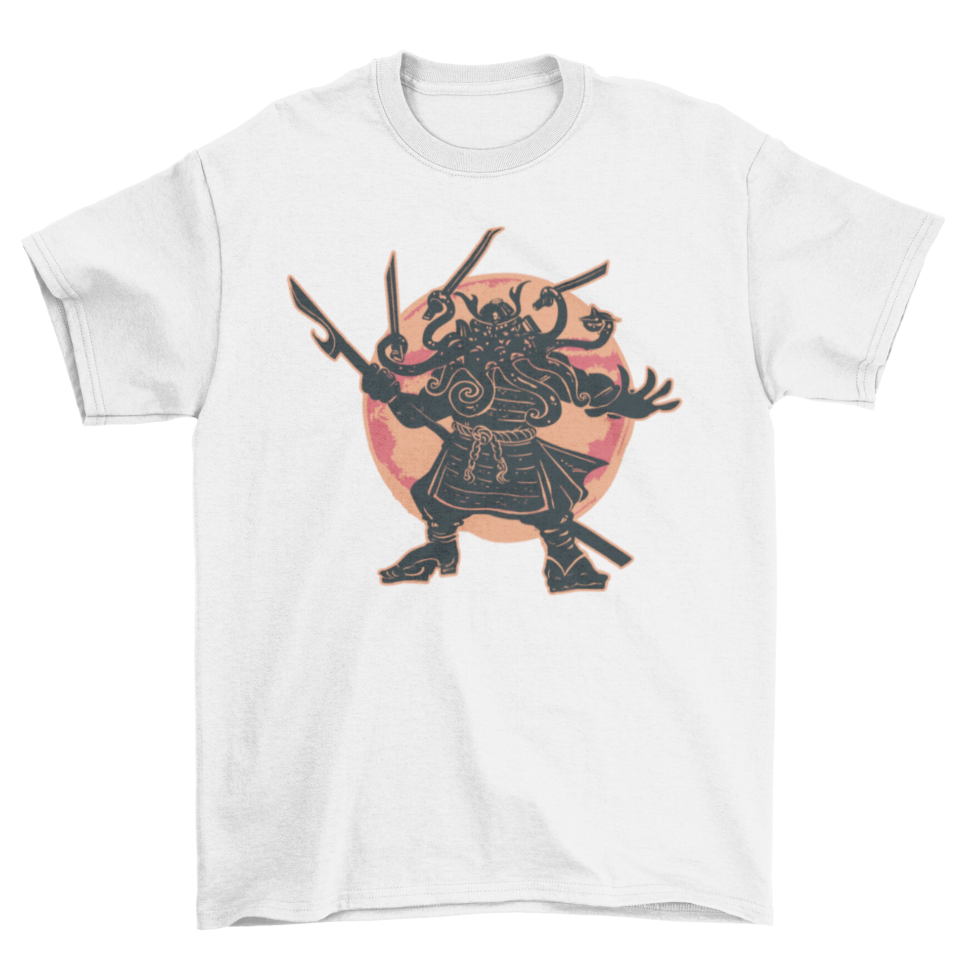 Cthulhu samurai t-shirt featuring a Lovecraftian creature in traditional samurai armor with intricate details.