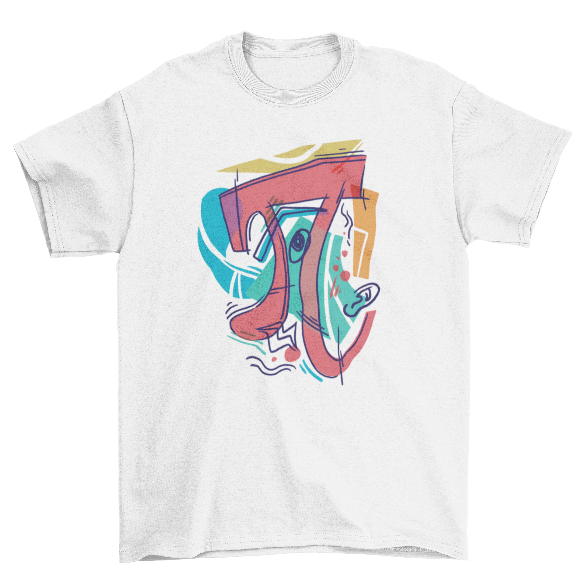 Cubist pi symbol t-shirt featuring a colorful geometric design of the Pi symbol.