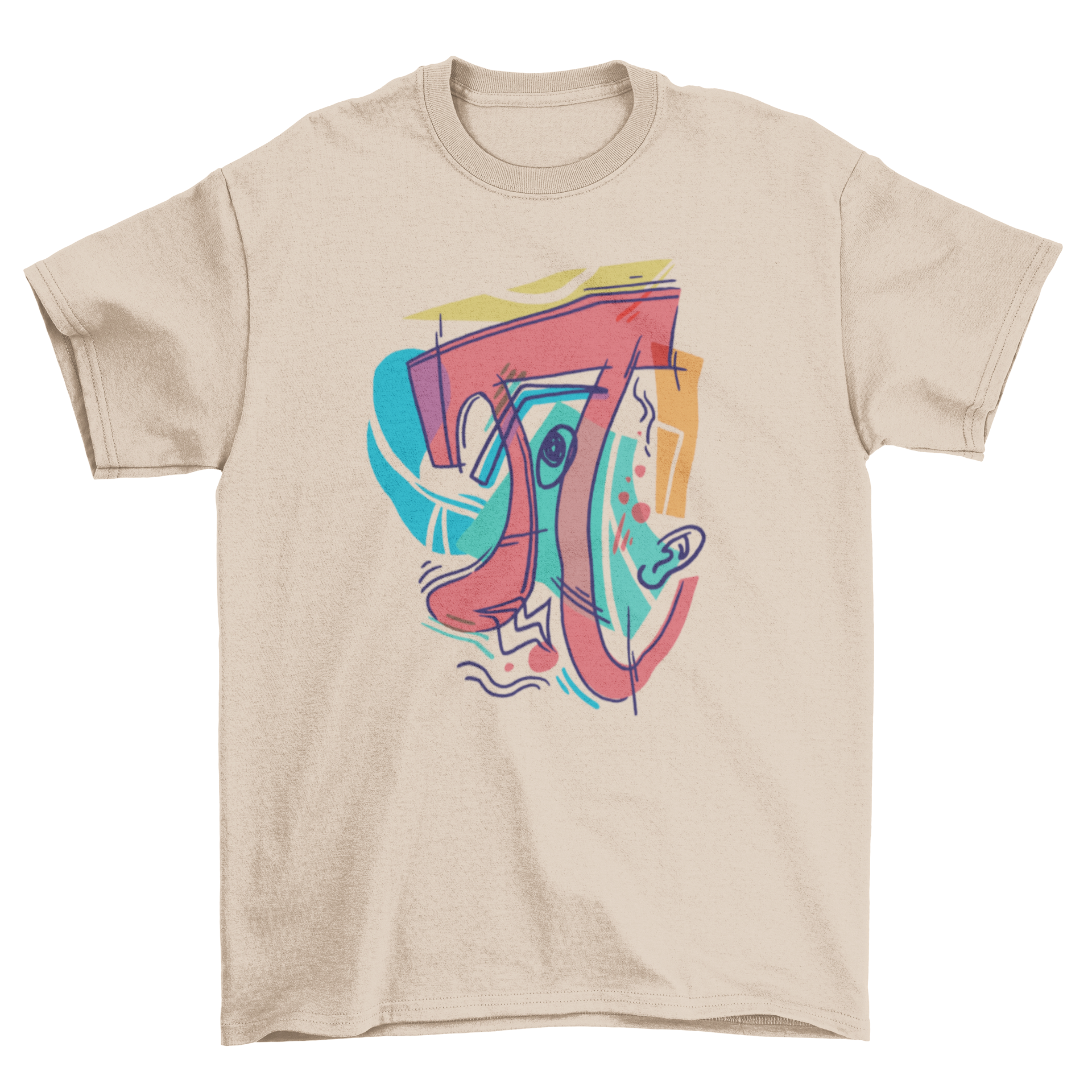 Cubist pi symbol t-shirt featuring a colorful geometric design of the Pi symbol.