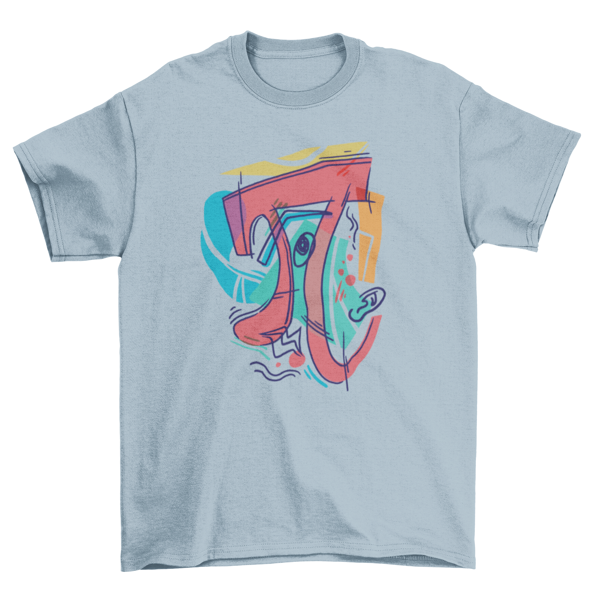 Cubist pi symbol t-shirt featuring a colorful geometric design of the Pi symbol.