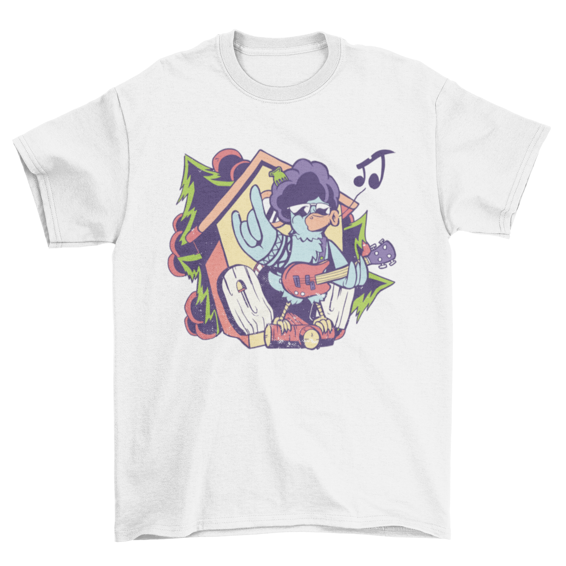 Cuckoo Bird Rock Star T-shirt featuring a vibrant cuckoo bird design with a rockstar theme.