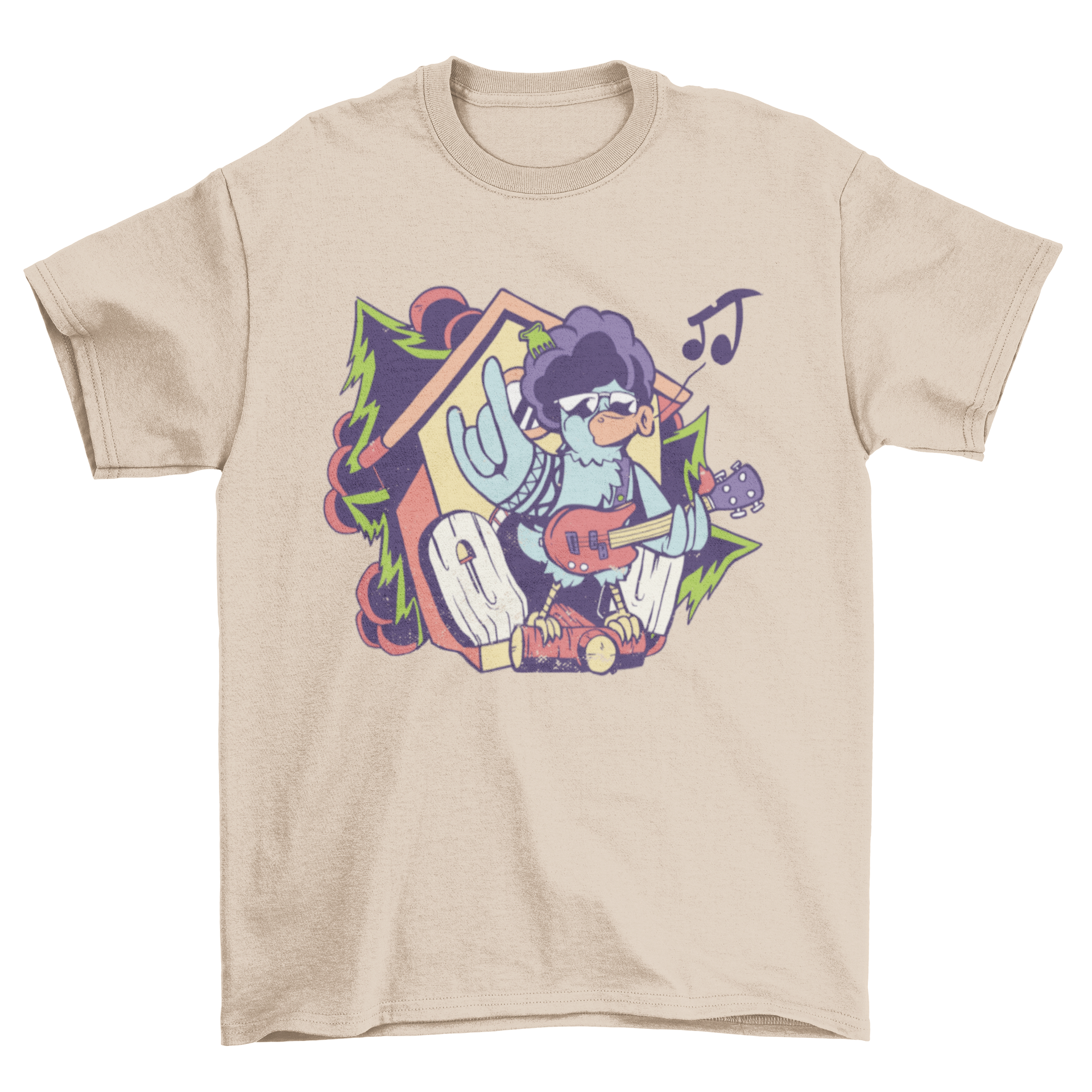 Cuckoo Bird Rock Star T-shirt featuring a vibrant cuckoo bird design with a rockstar theme.