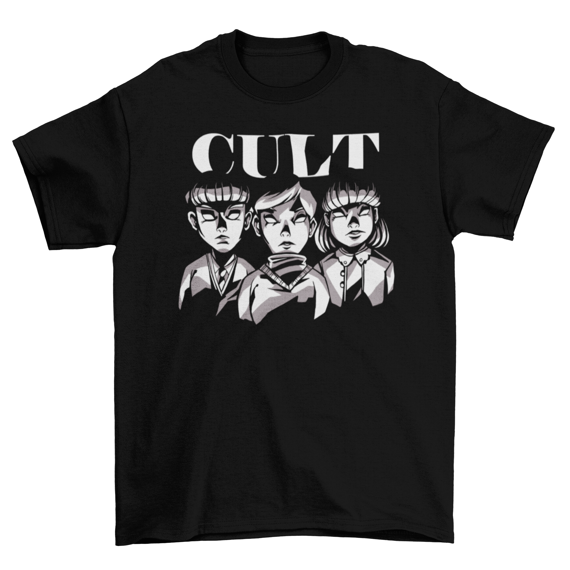 Cult Youth T-shirt featuring three creepy kids with the caption 'Cult', designed for unique style.