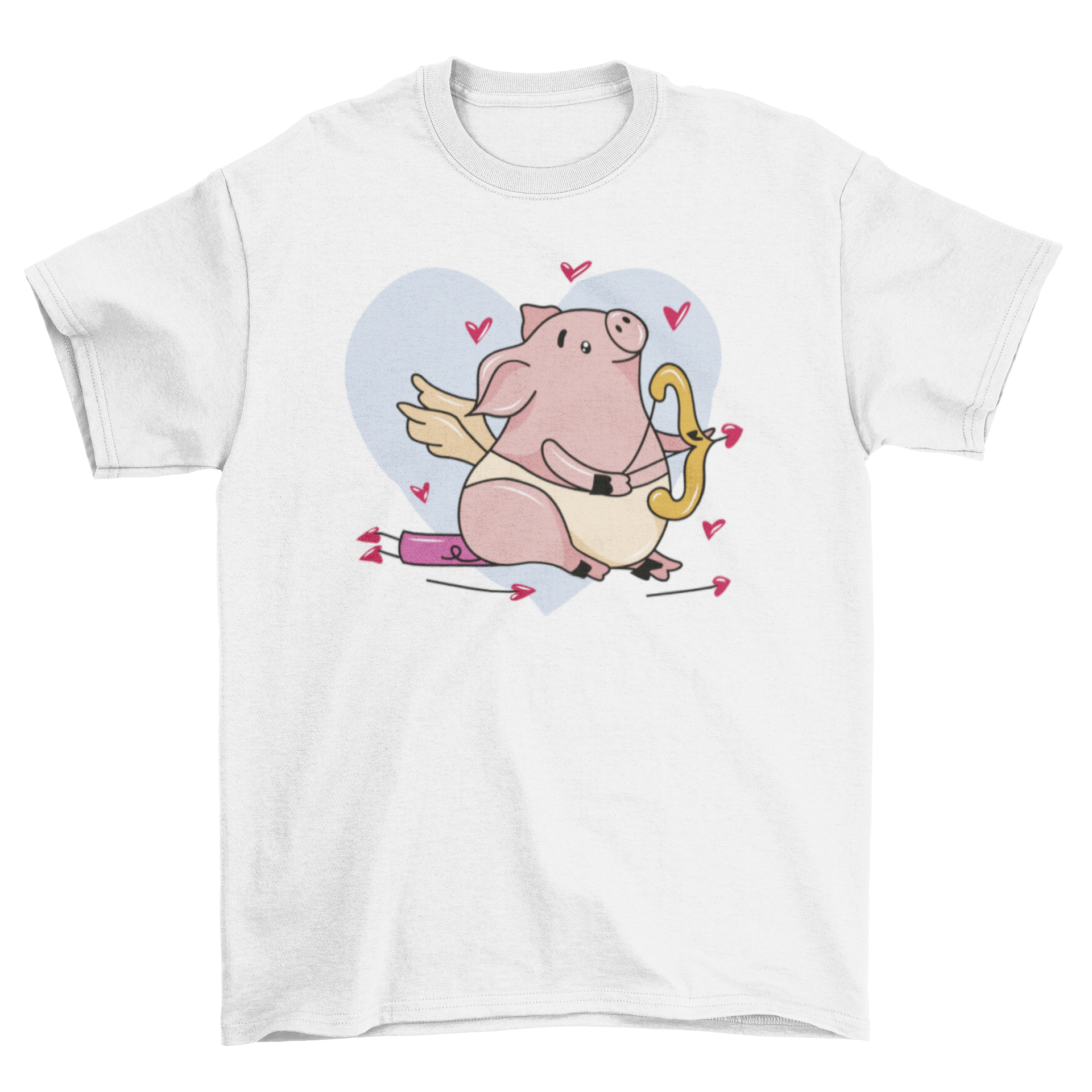 A cute Cupid pig t-shirt design featuring a pig with wings surrounded by hearts, perfect for animal lovers.