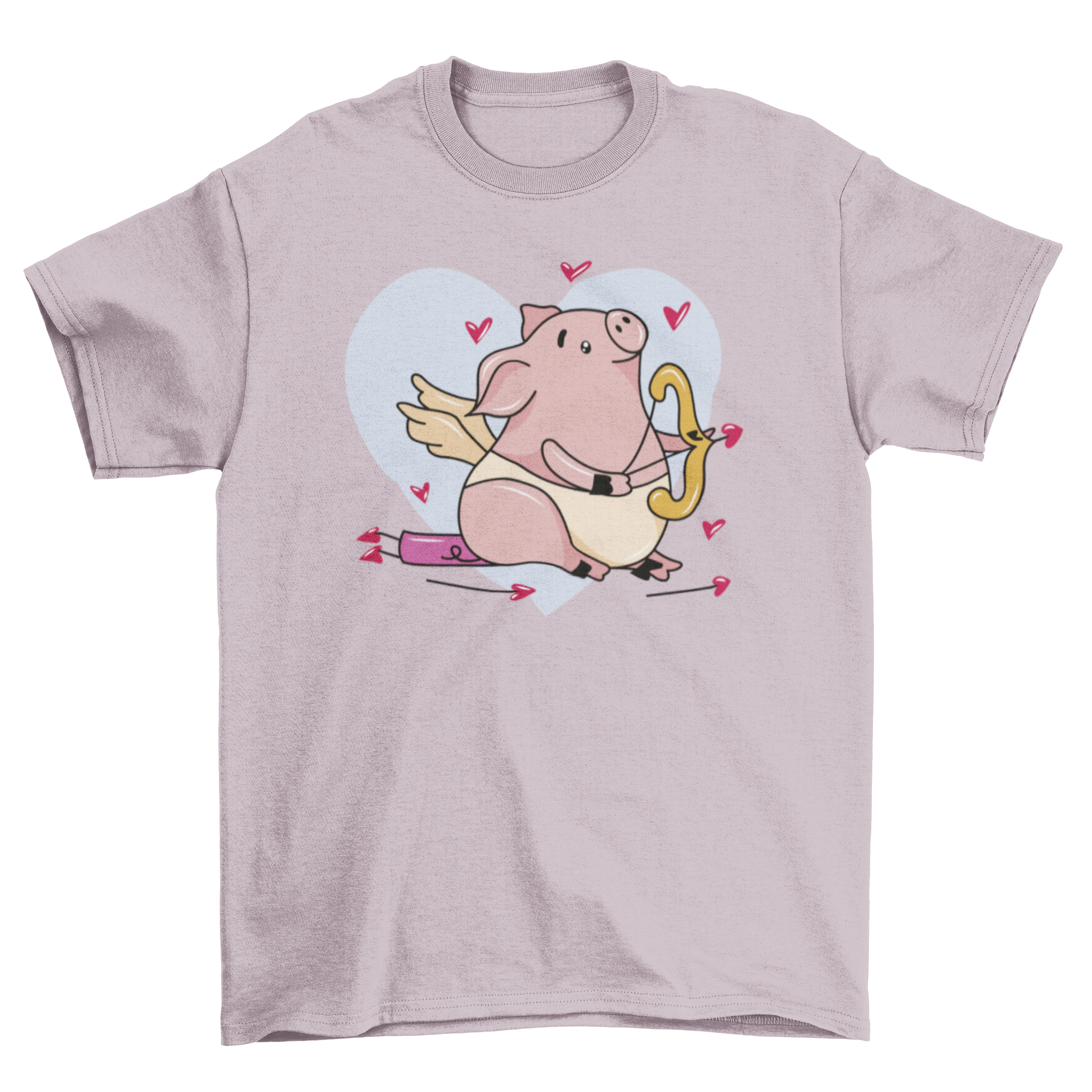 A cute Cupid pig t-shirt design featuring a pig with wings surrounded by hearts, perfect for animal lovers.