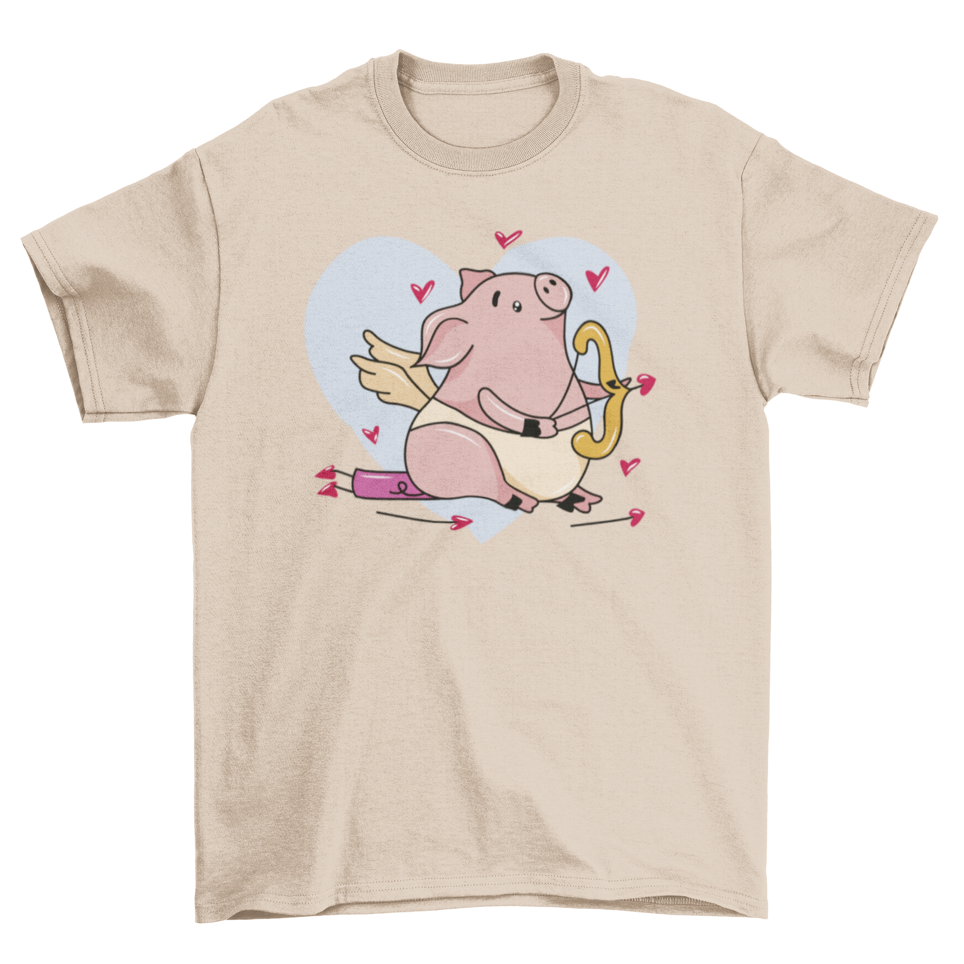 A cute Cupid pig t-shirt design featuring a pig with wings surrounded by hearts, perfect for animal lovers.