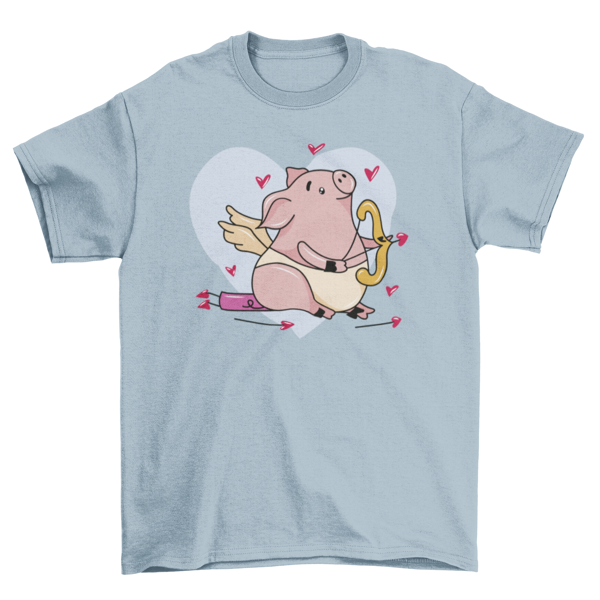 A cute Cupid pig t-shirt design featuring a pig with wings surrounded by hearts, perfect for animal lovers.