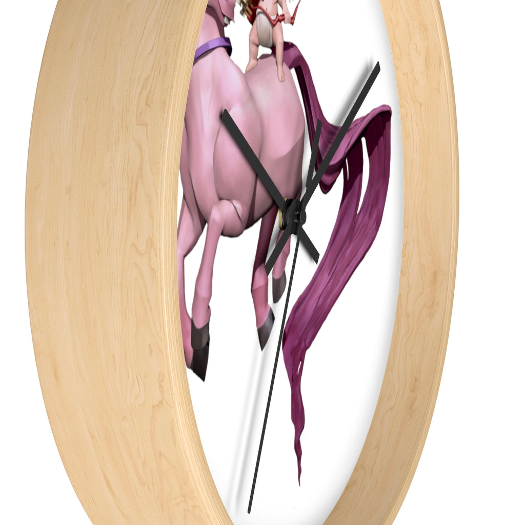 Cupid Unicorn Horse Wall Clock with a colorful unicorn design in a wooden frame, featuring a plexiglass face.