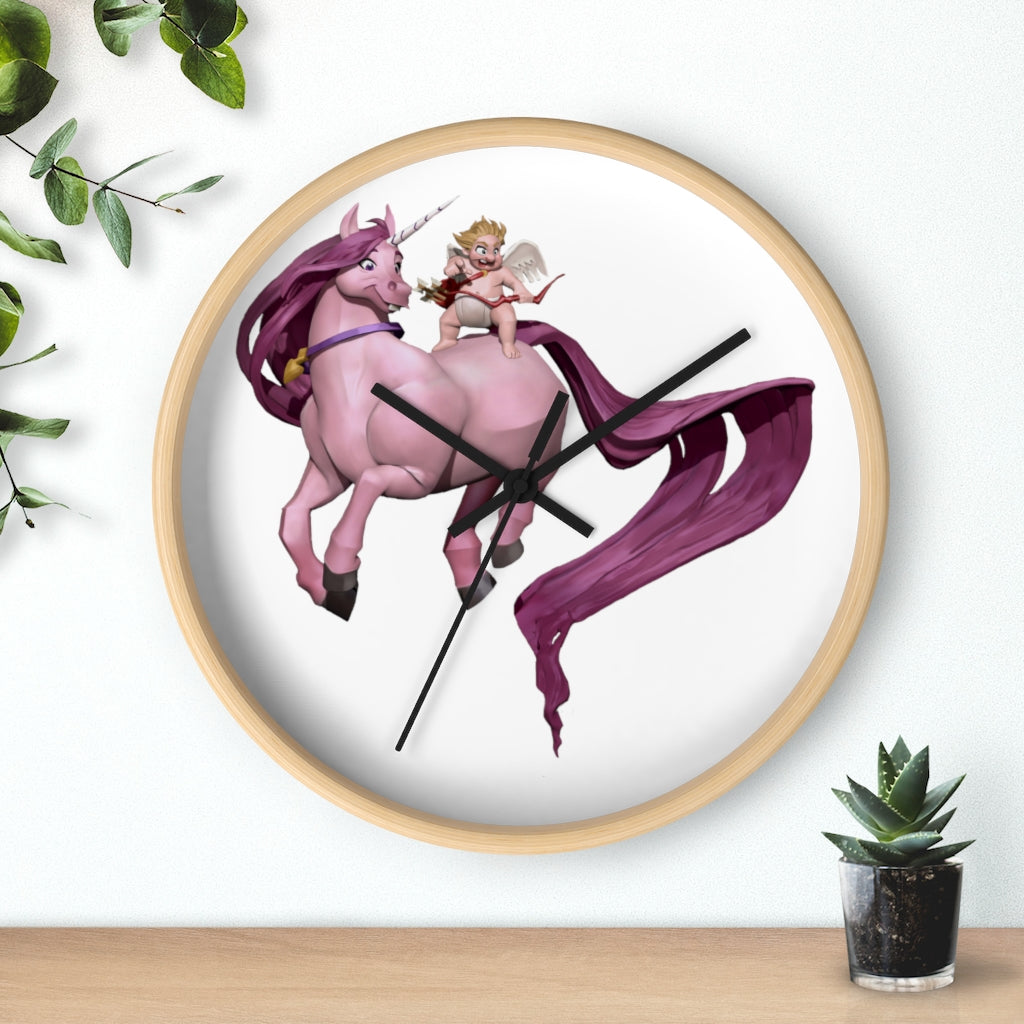 Cupid Unicorn Horse Wall Clock with a colorful unicorn design in a wooden frame, featuring a plexiglass face.