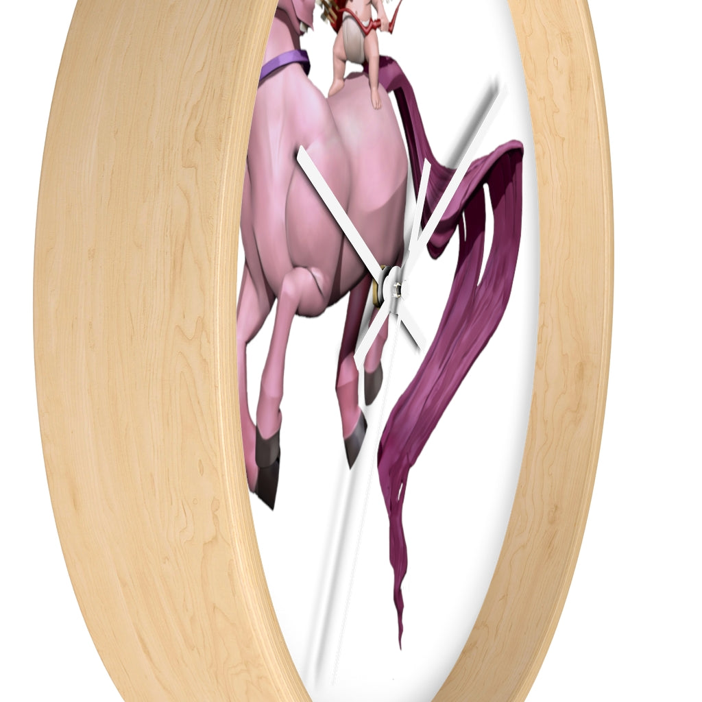 Cupid Unicorn Horse Wall Clock with a colorful unicorn design in a wooden frame, featuring a plexiglass face.