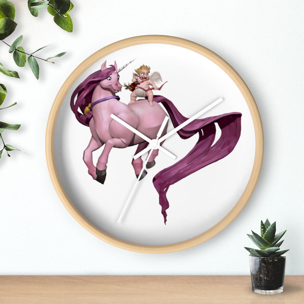 Cupid Unicorn Horse Wall Clock with a colorful unicorn design in a wooden frame, featuring a plexiglass face.