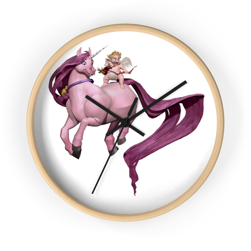 Cupid Unicorn Horse Wall Clock with a colorful unicorn design in a wooden frame, featuring a plexiglass face.