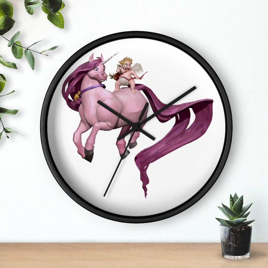 Cupid Unicorn Horse Wall Clock with a colorful unicorn design in a wooden frame, featuring a plexiglass face.