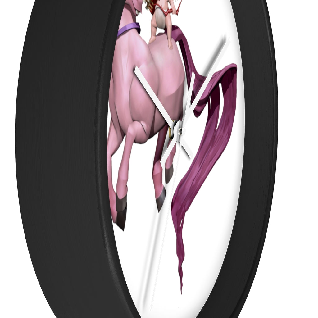 Cupid Unicorn Horse Wall Clock with a colorful unicorn design in a wooden frame, featuring a plexiglass face.