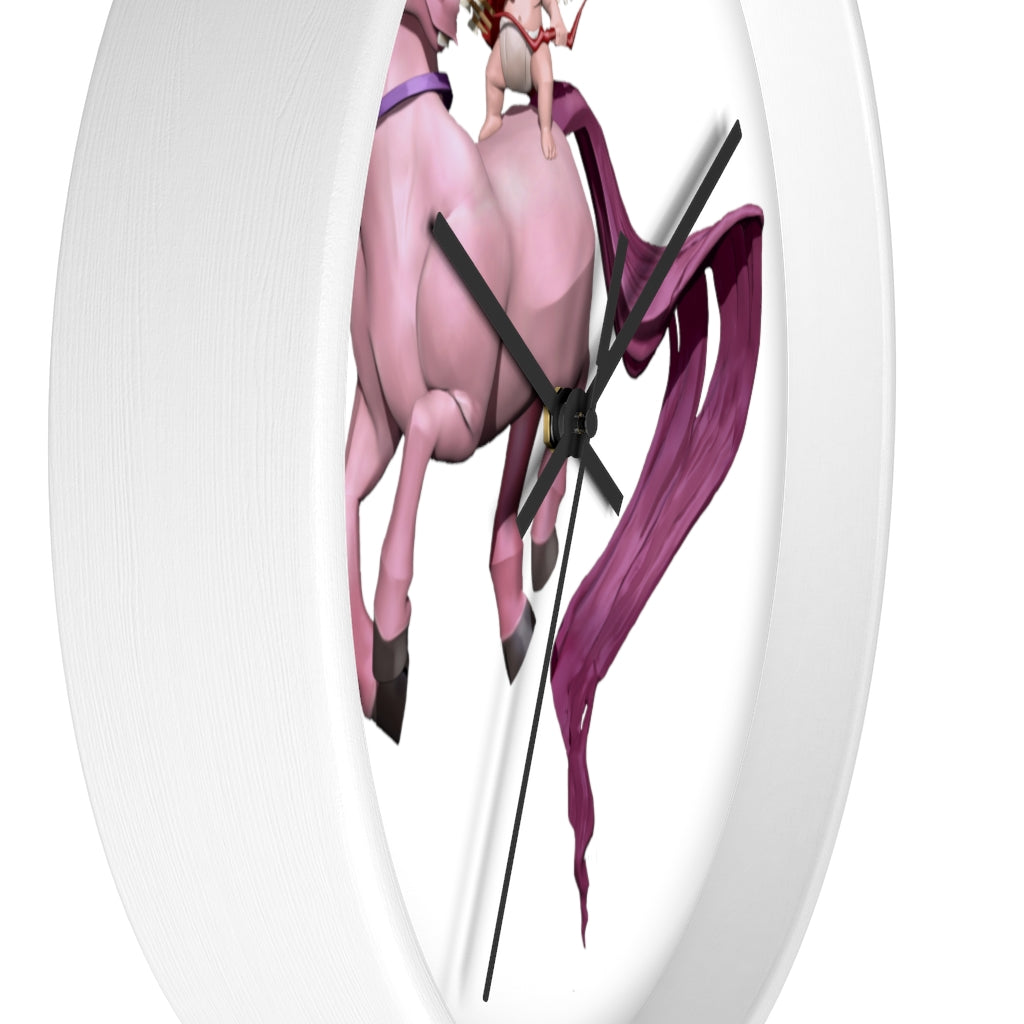 Cupid Unicorn Horse Wall Clock with a colorful unicorn design in a wooden frame, featuring a plexiglass face.