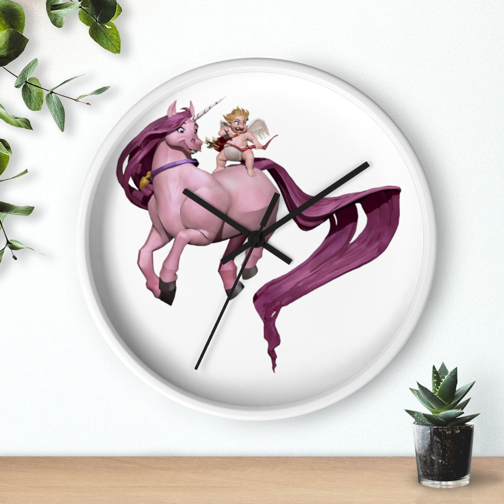 Cupid Unicorn Horse Wall Clock with a colorful unicorn design in a wooden frame, featuring a plexiglass face.