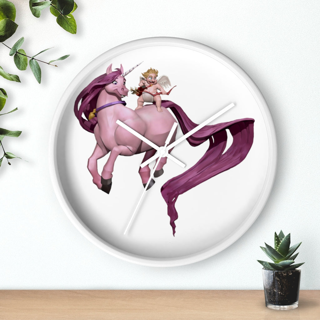 Cupid Unicorn Horse Wall Clock with a colorful unicorn design in a wooden frame, featuring a plexiglass face.