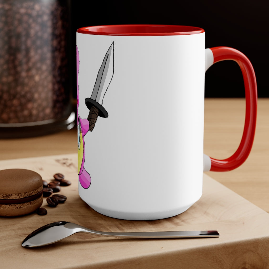 Curswordsman Accent Mug featuring a white exterior with a colored interior, available in red, pink, and black options, showcasing its stylish design.