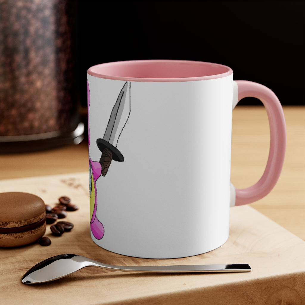 Curswordsman Accent Mug featuring a white exterior with a colored interior, available in red, pink, and black options, showcasing its stylish design.