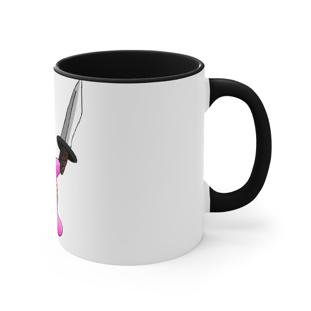 Curswordsman Accent Mug featuring a white exterior with a colored interior, available in red, pink, and black options, showcasing its stylish design.