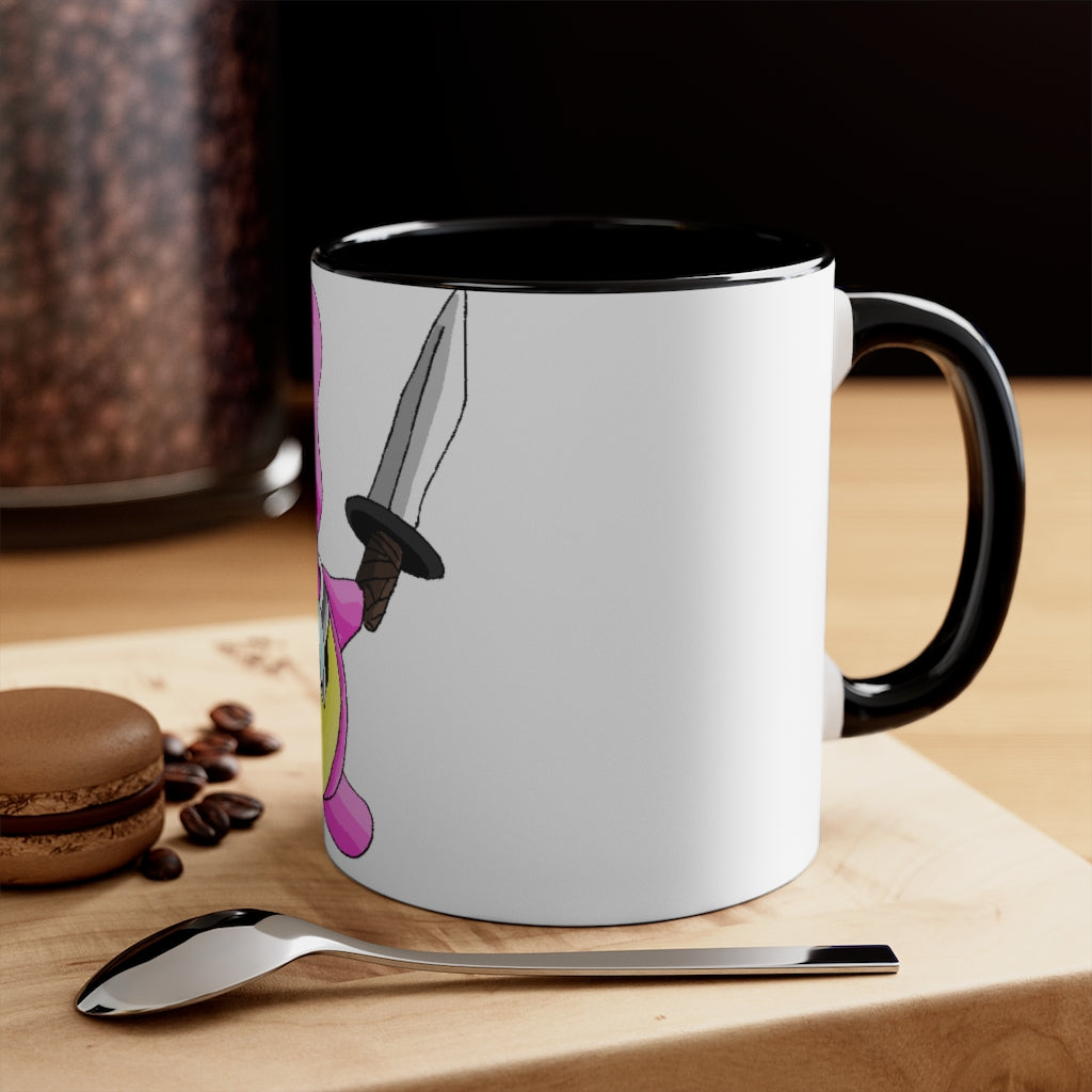 Curswordsman Accent Mug featuring a white exterior with a colored interior, available in red, pink, and black options, showcasing its stylish design.