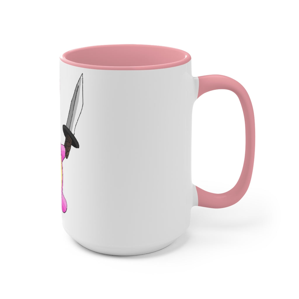 Curswordsman Accent Mug featuring a white exterior with a colored interior, available in red, pink, and black options, showcasing its stylish design.