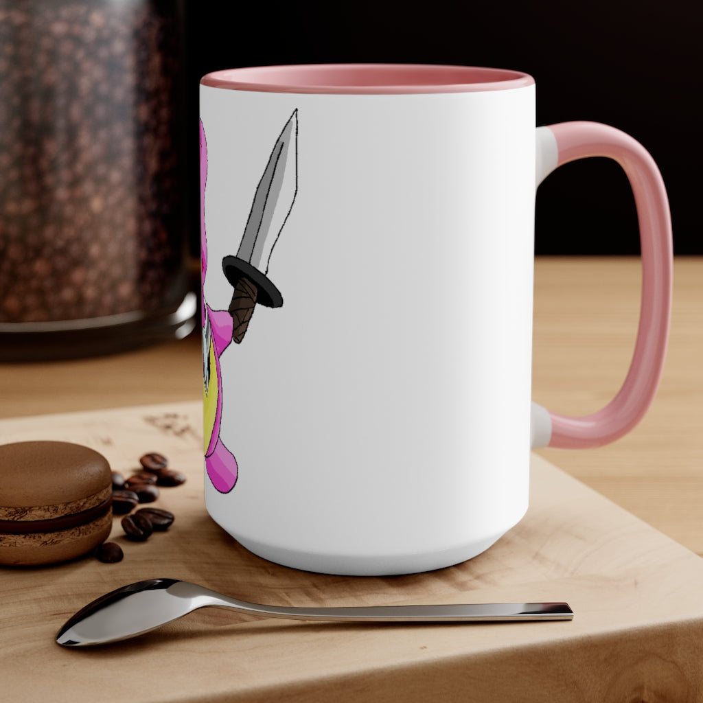 Curswordsman Accent Mug featuring a white exterior with a colored interior, available in red, pink, and black options, showcasing its stylish design.