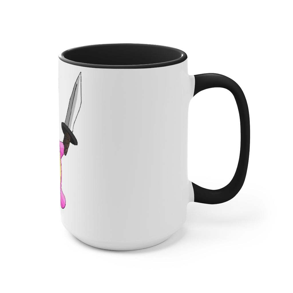 Curswordsman Accent Mug featuring a white exterior with a colored interior, available in red, pink, and black options, showcasing its stylish design.