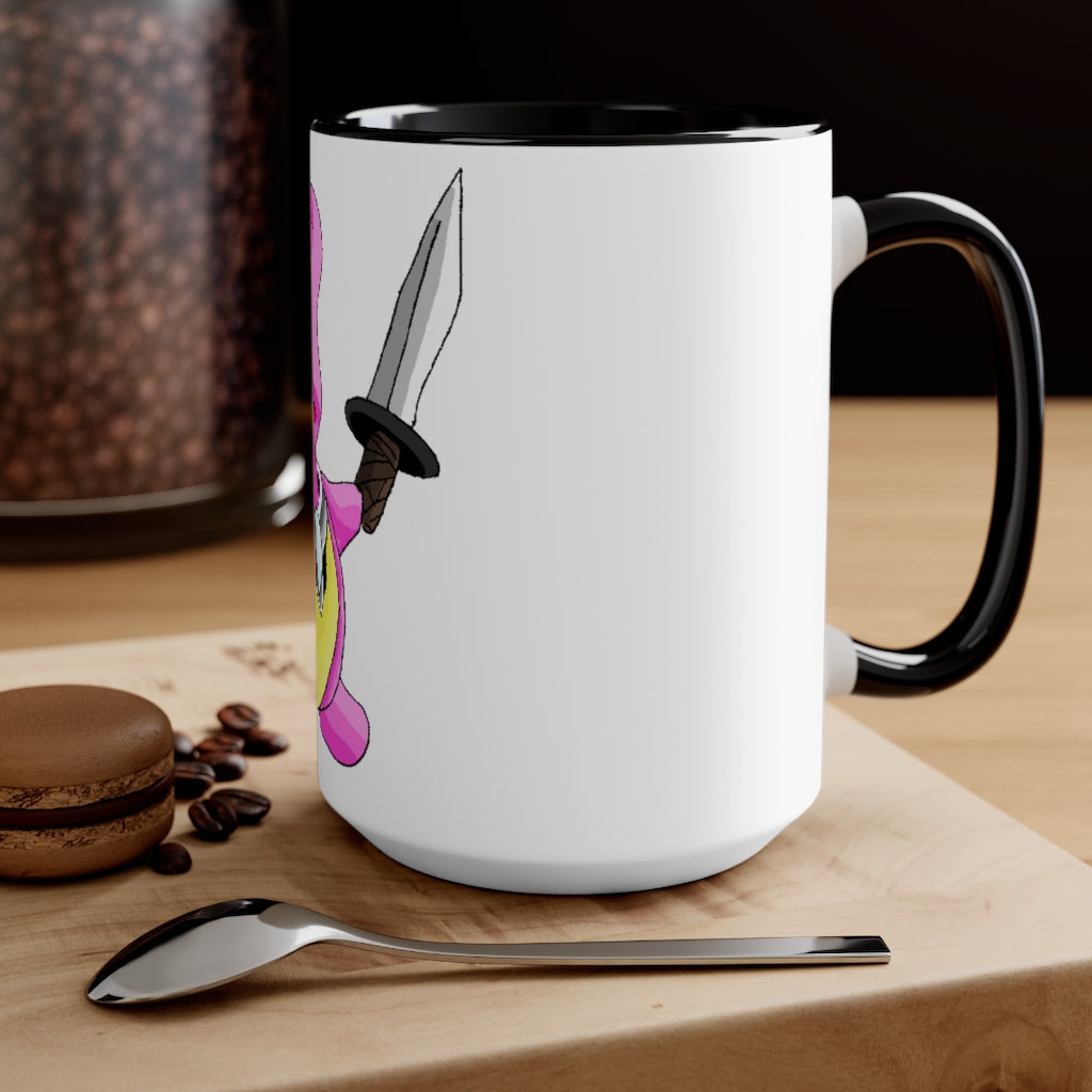 Curswordsman Accent Mug featuring a white exterior with a colored interior, available in red, pink, and black options, showcasing its stylish design.