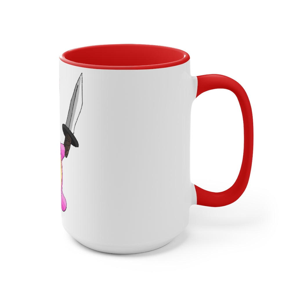 Curswordsman Accent Mug featuring a white exterior with a colored interior, available in red, pink, and black options, showcasing its stylish design.