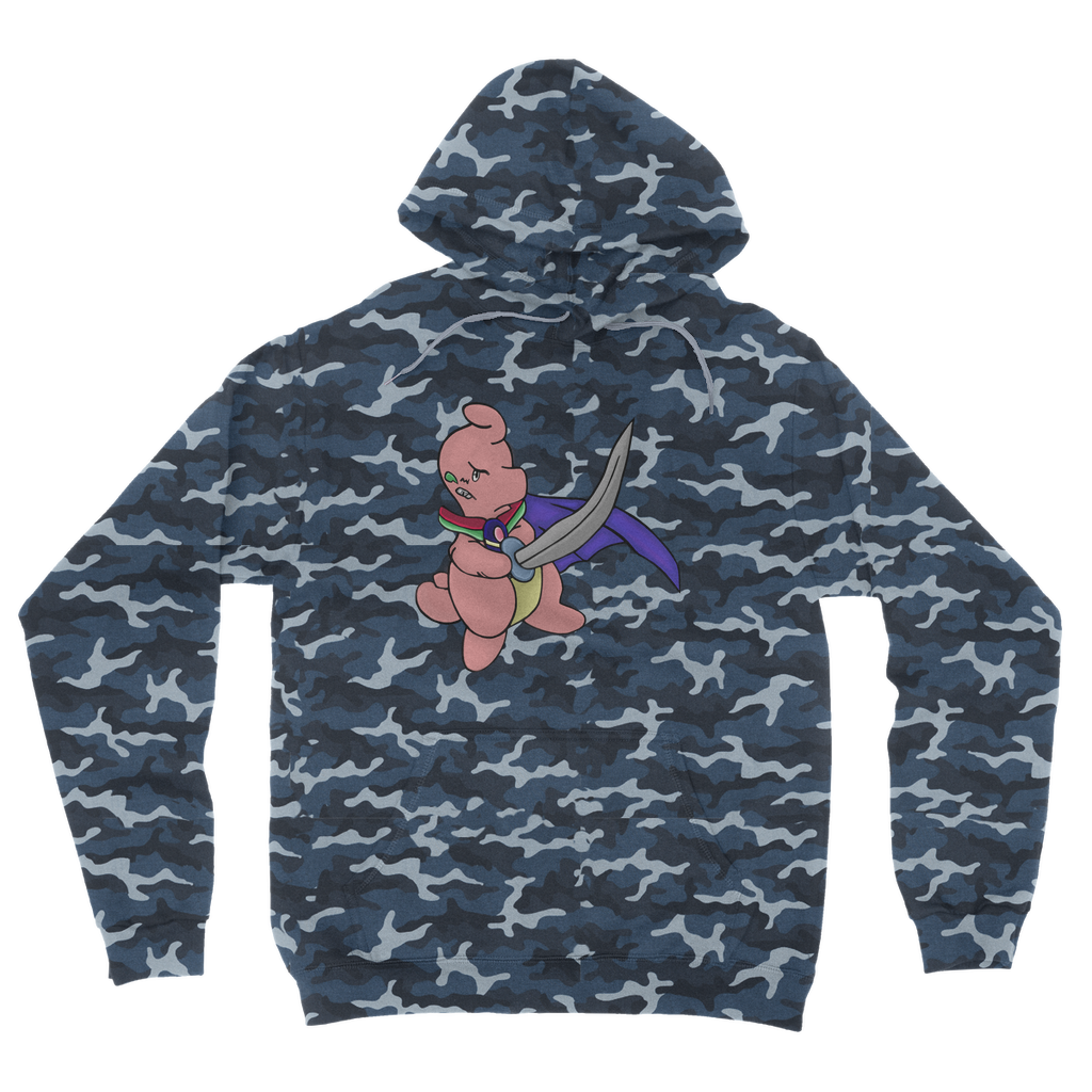 Curswordsman Camouflage Adult Hoodie featuring an all-over camo design, flat lace drawcords, and kangaroo pouch pocket.